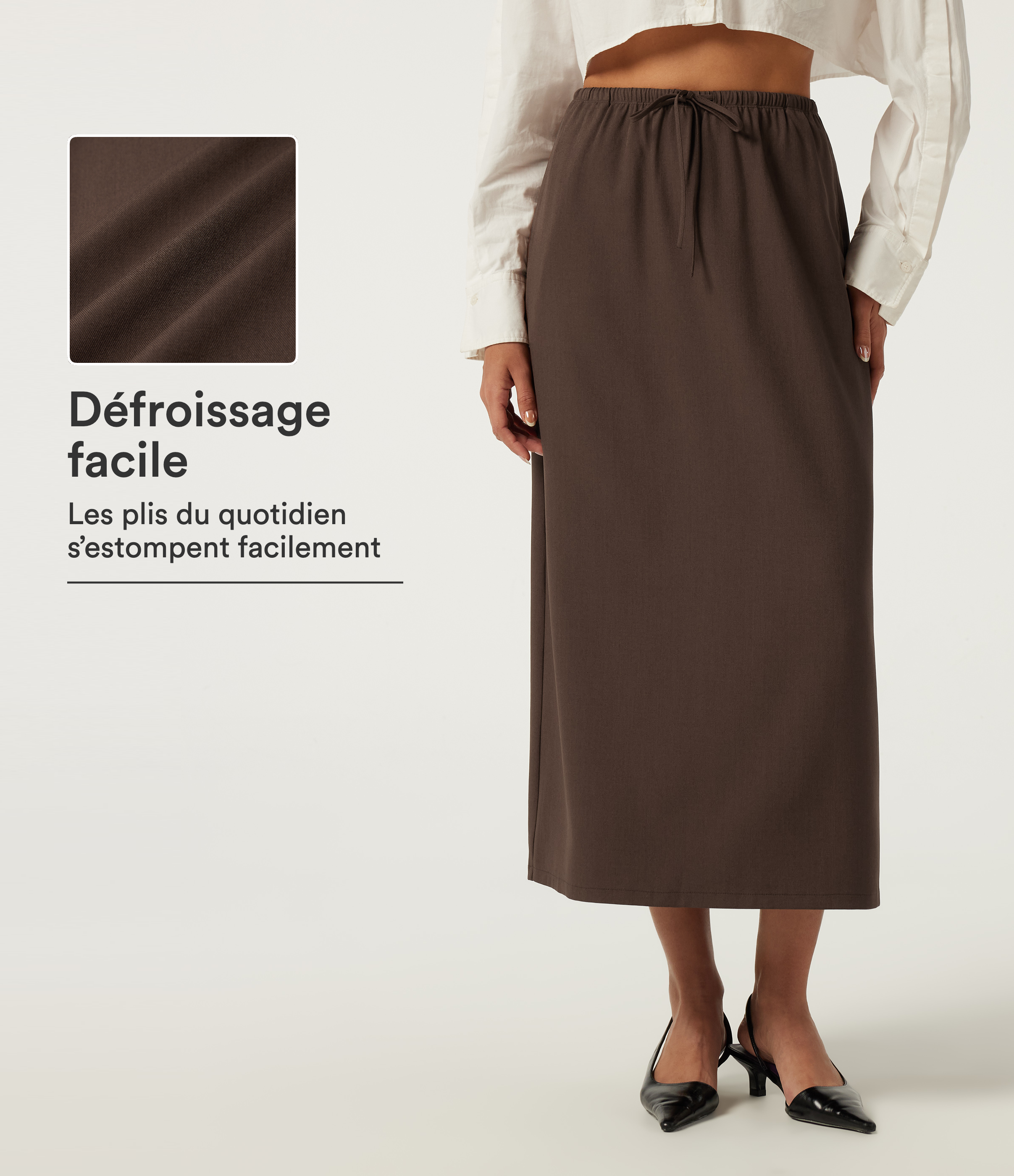 Chestnut Jupe midi de bureau défroissage facile Wrinkle Recovery taille haute avec cordon de serrage et poches / 1