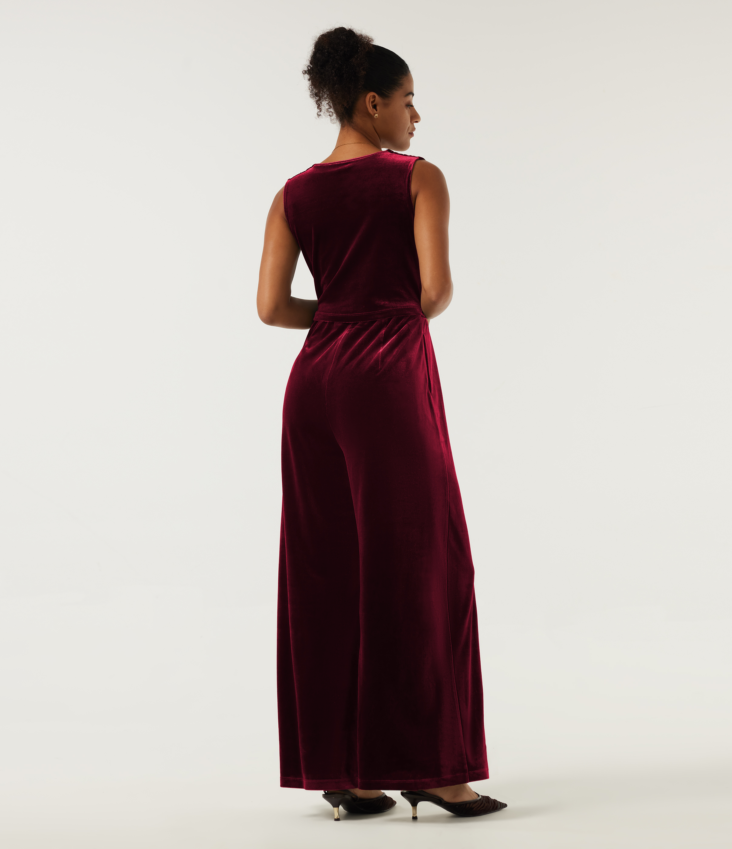 Sangria V Neck Ruched Wide Leg Velvet Party Jumpsuit with Built-in Bra and Pockets -Easy Peezy Edition / 2