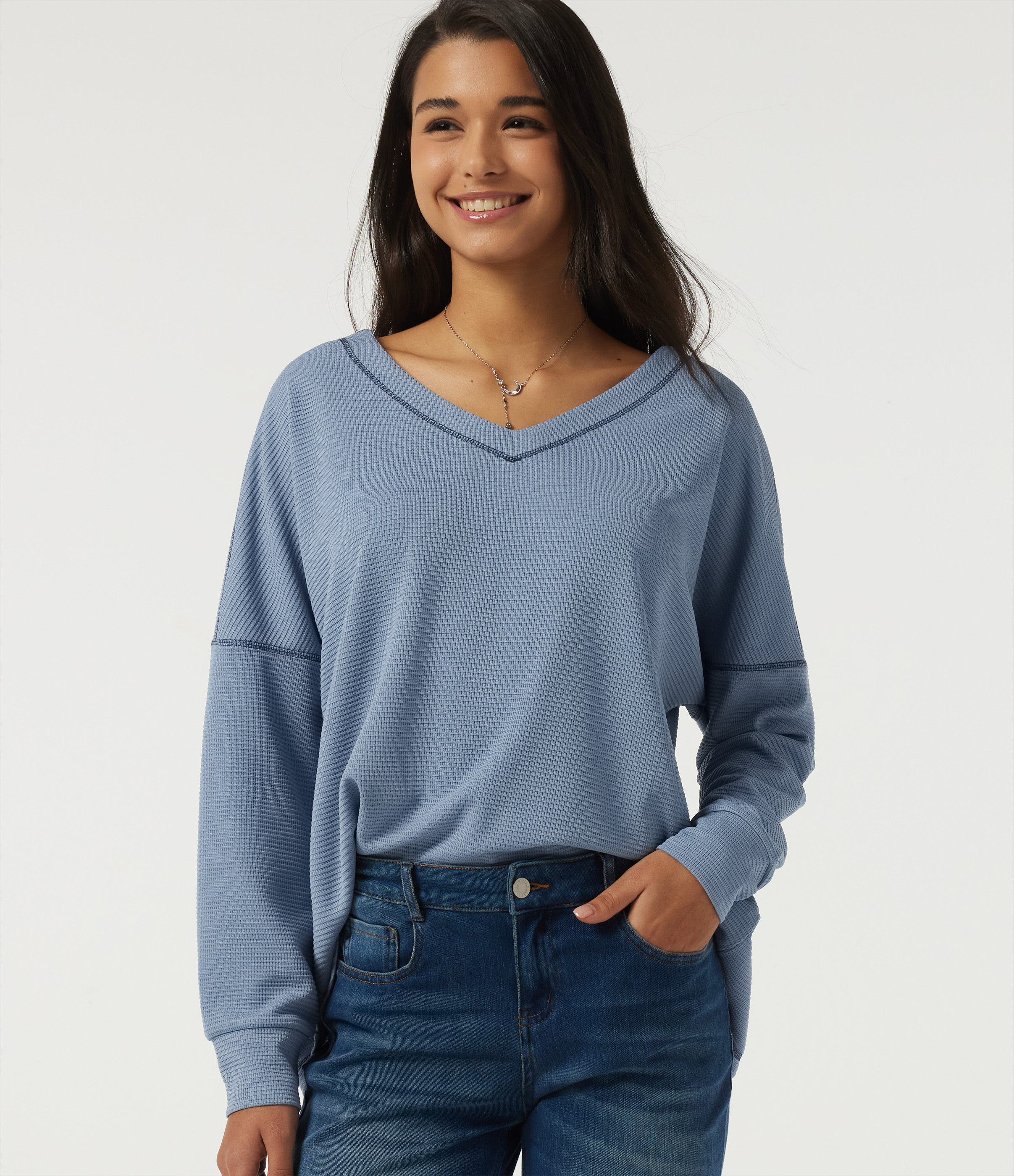 V Neck Long Sleeve Waffle Casual T-Shirt