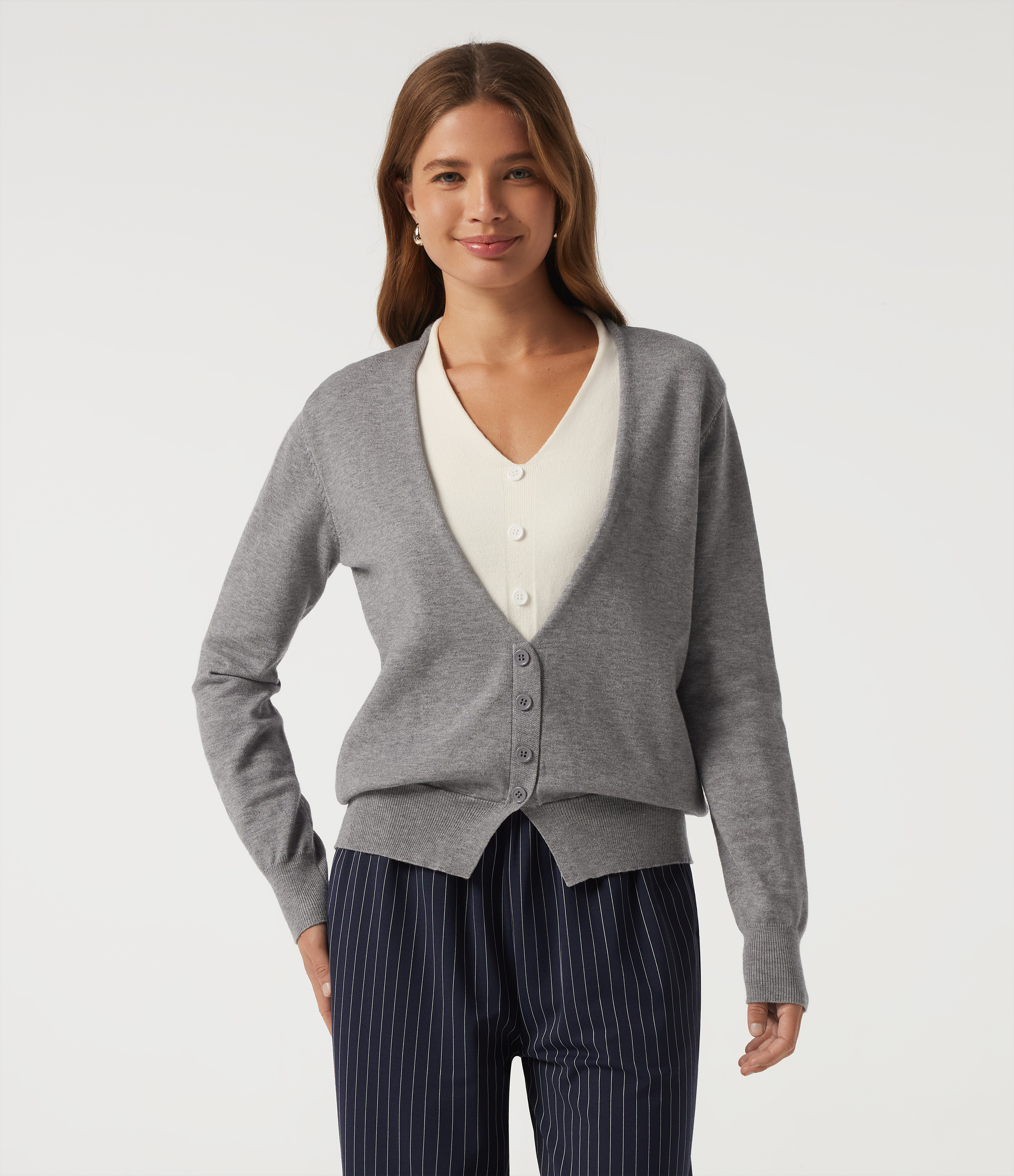  V Neck Long Sleeve 2-in-1 Color Block Work Sweater