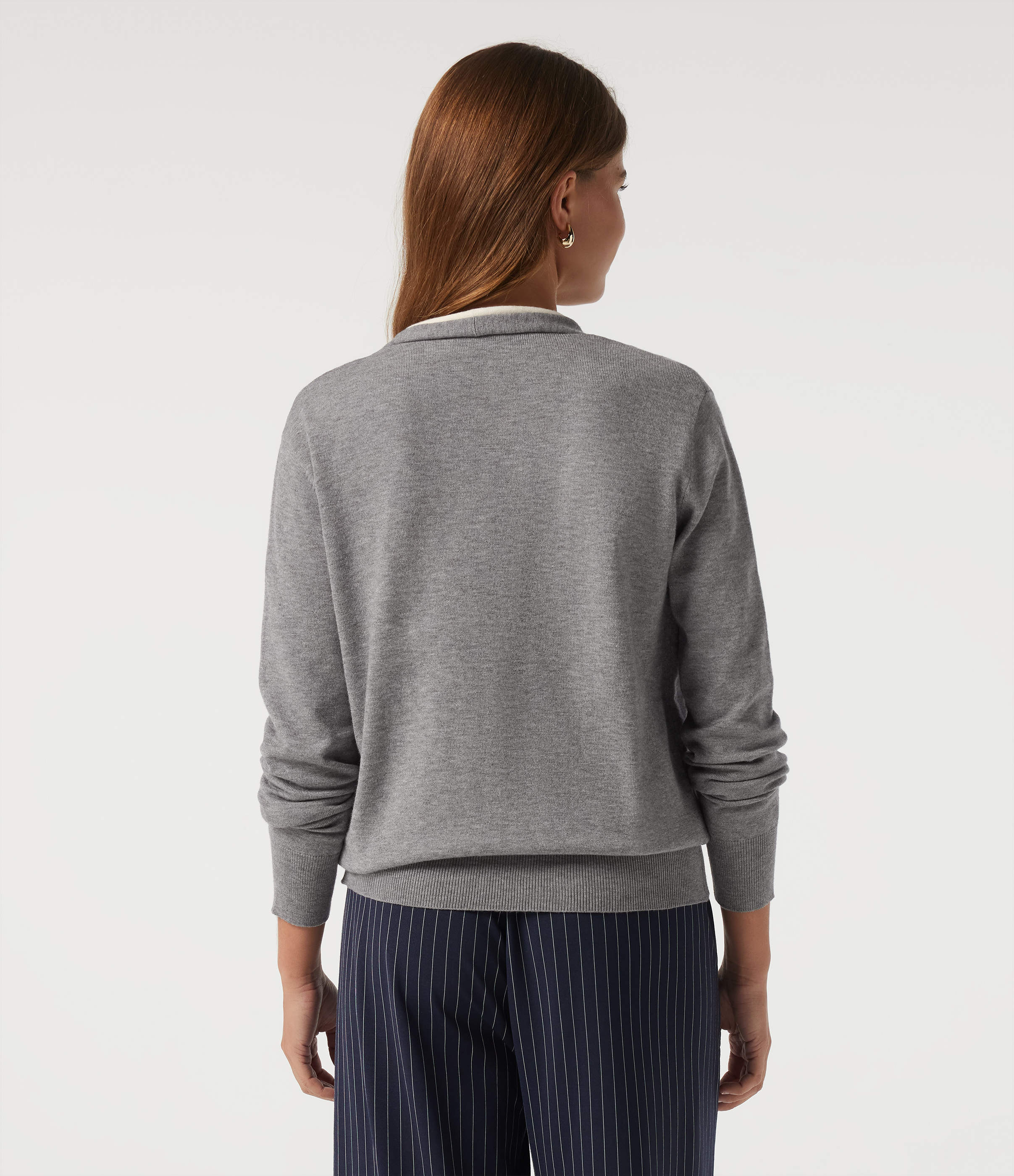 Mottled Grey  V Neck Long Sleeve 2-in-1 Color Block Work Sweater / 2