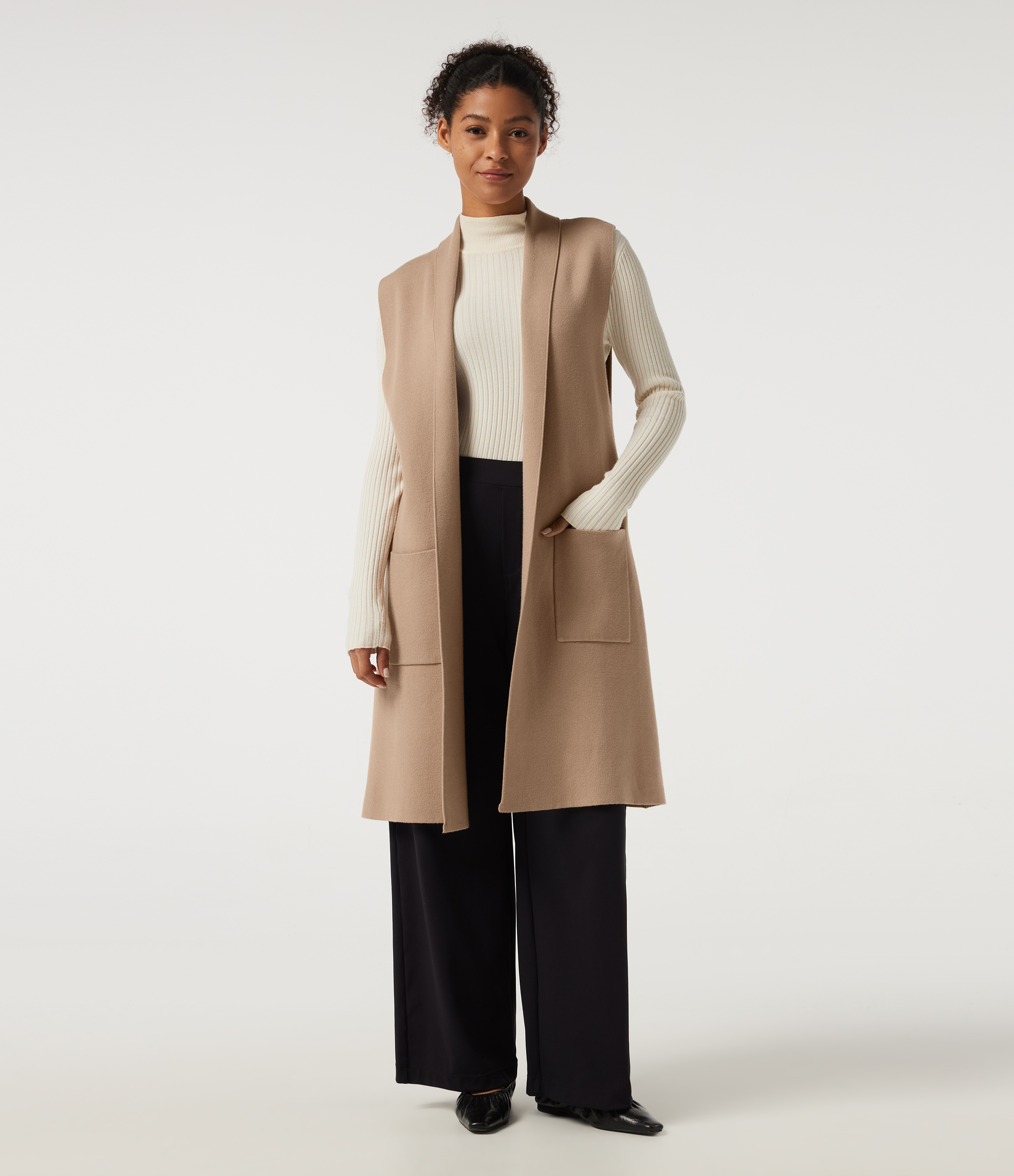 Sleeveless Open Front Longline Work Cardigan with Pockets