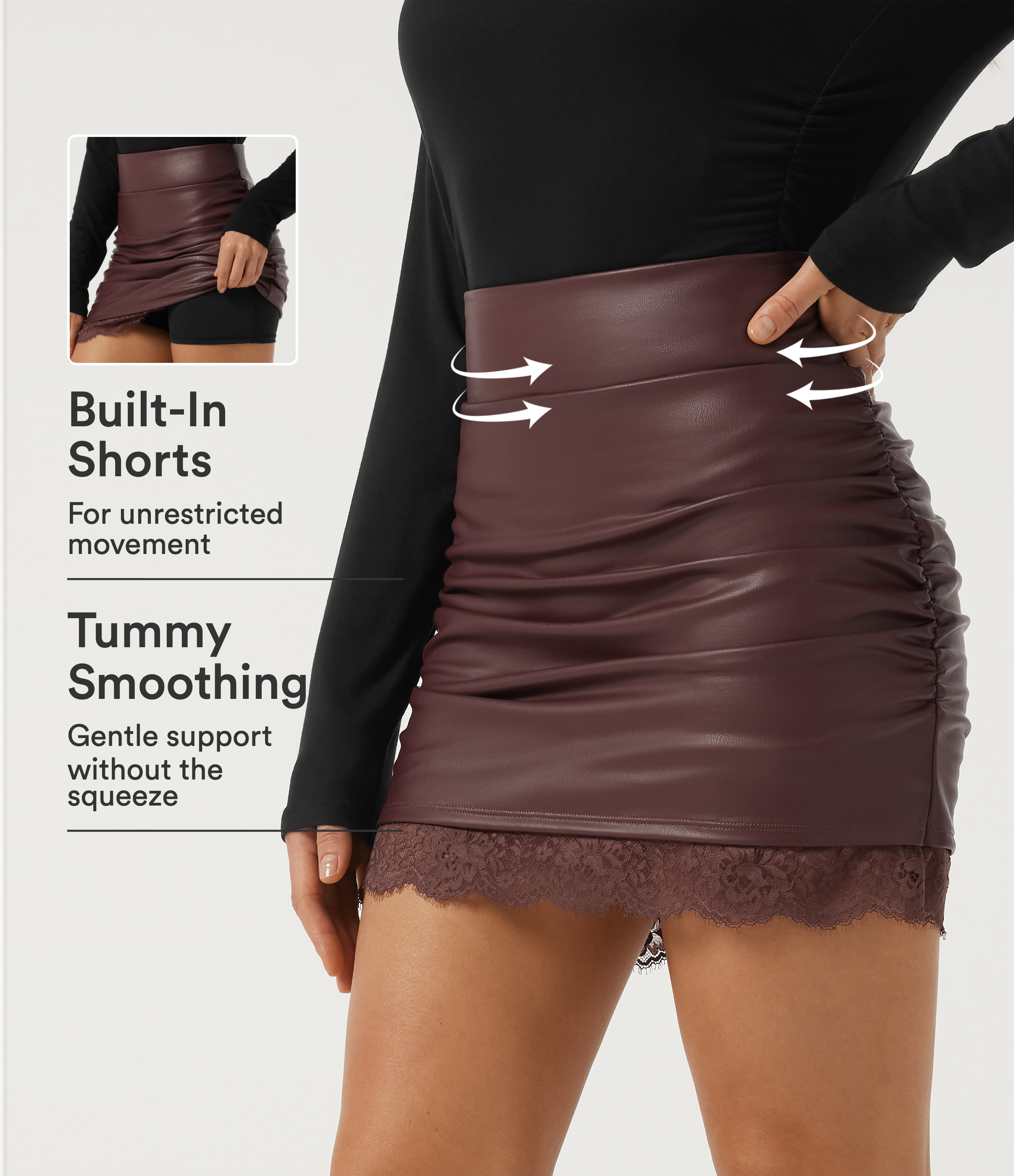 High Waisted Tummy Control Ruched Contrast Lace 2-in-1 Fleece PU Mini Bodycon Skirt