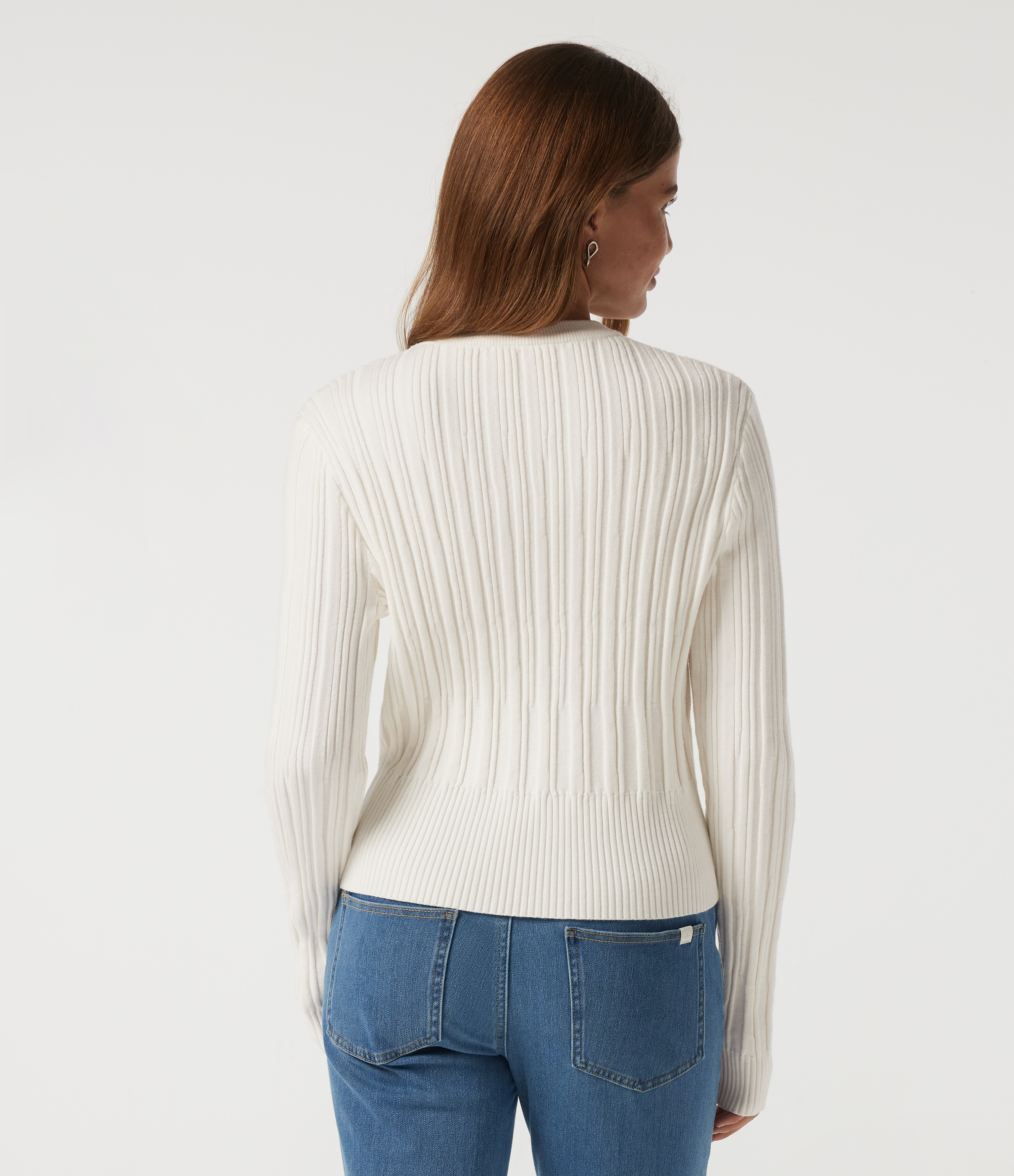 White Round Neck Long Sleeve Casual Sweater / 2