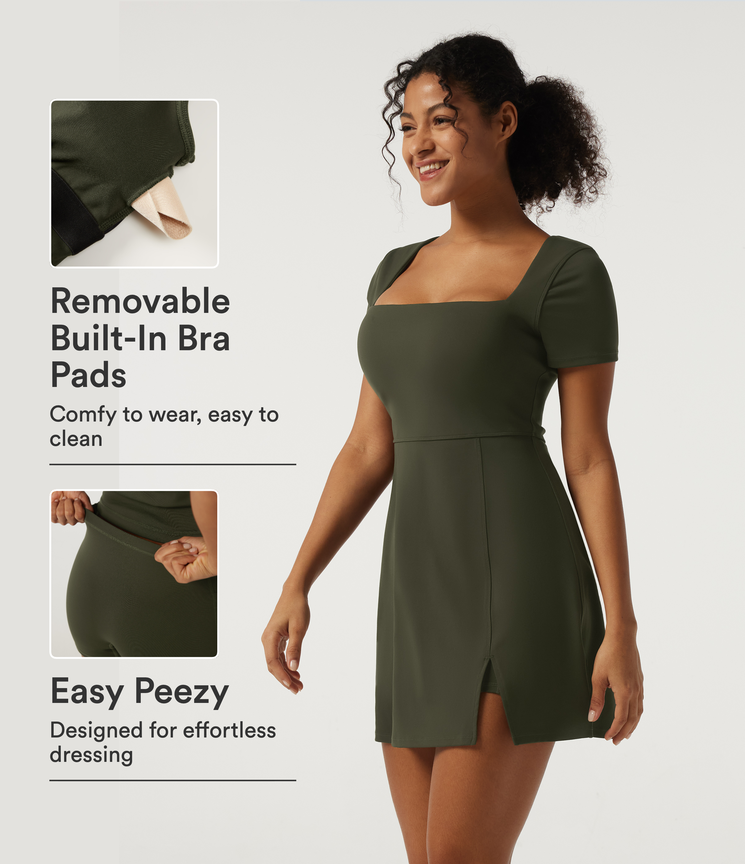 Square Neck A-Line Split Hem Yoga Mini Dress with Built-In Bra and Shorts for DD-F Cups - Easy Peezy Edition