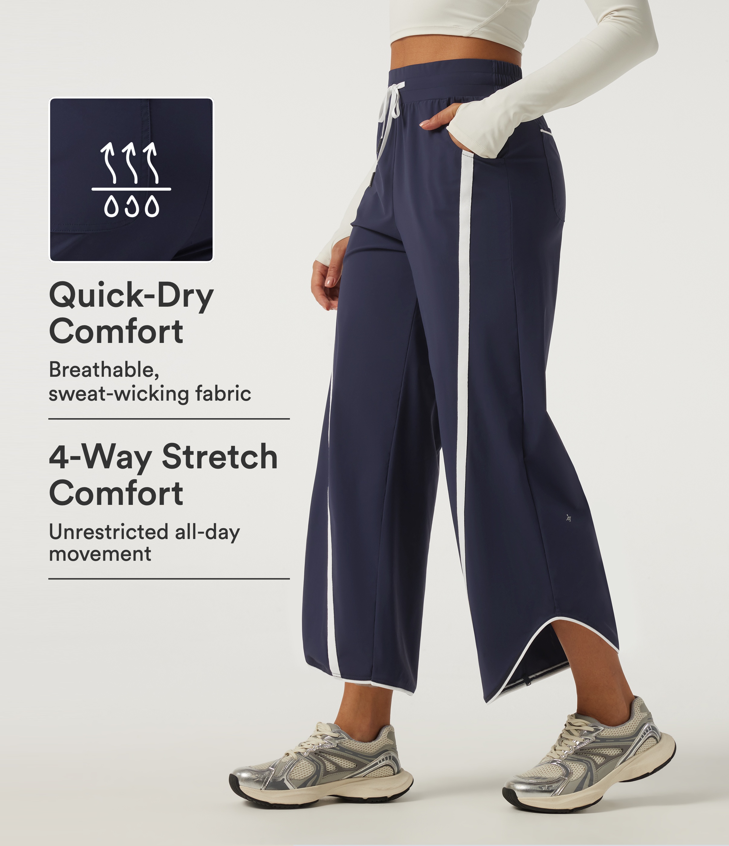 High Waisted Drawstring Wide Leg Curved Hem Color Block Quick Dry InstantCool Tennis Pants with Pockets-UPF40+ 