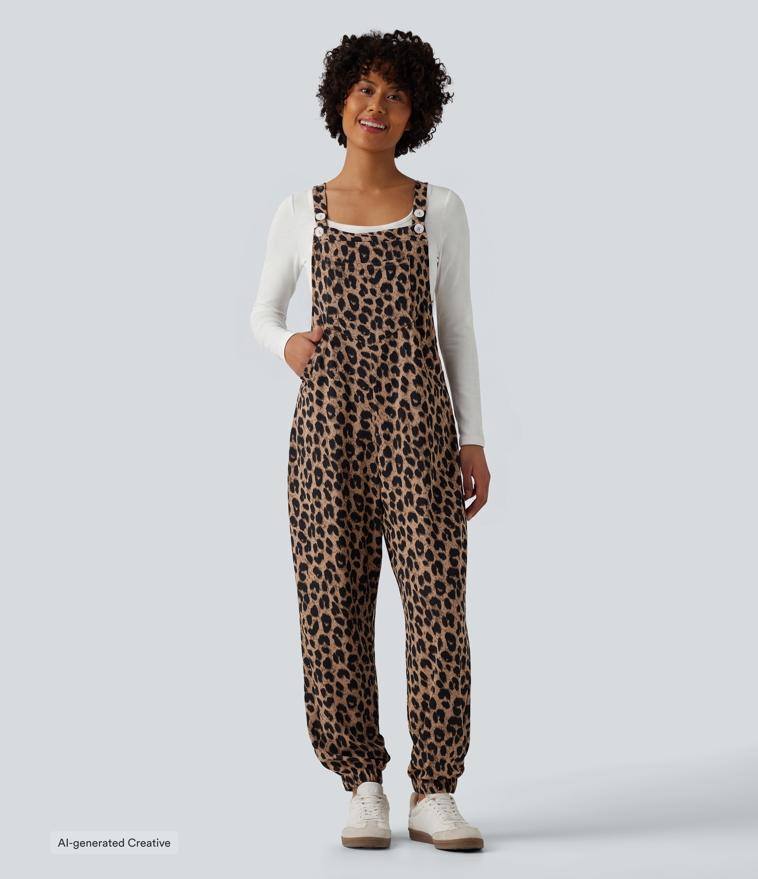 Adjustable Straps Leopard Print Waffle Casual Jogger Dungarees with Pockets