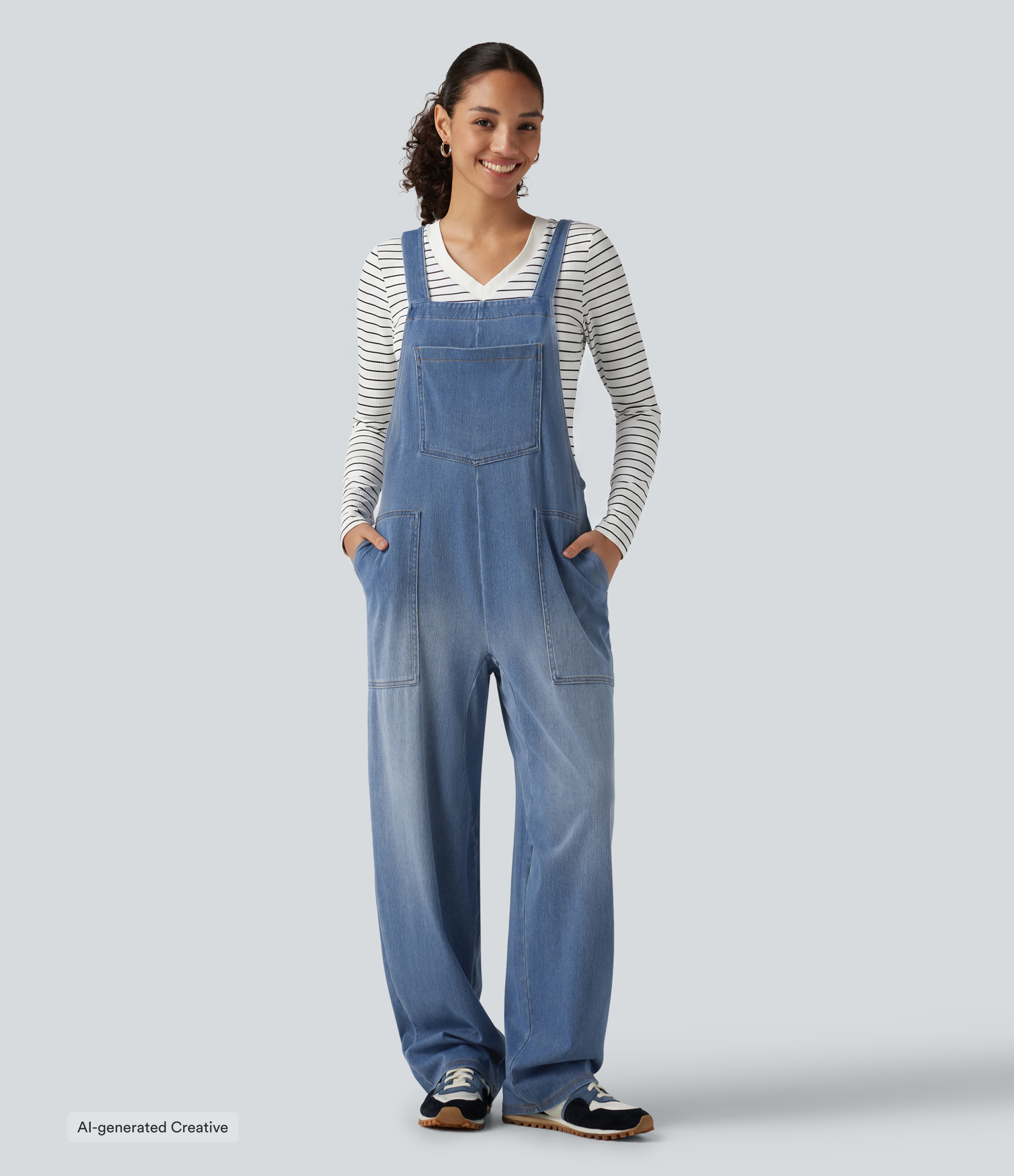 Halara Flex™ U Neck Sleeveless Barrel Leg Denim Casual Dungarees with Pockets