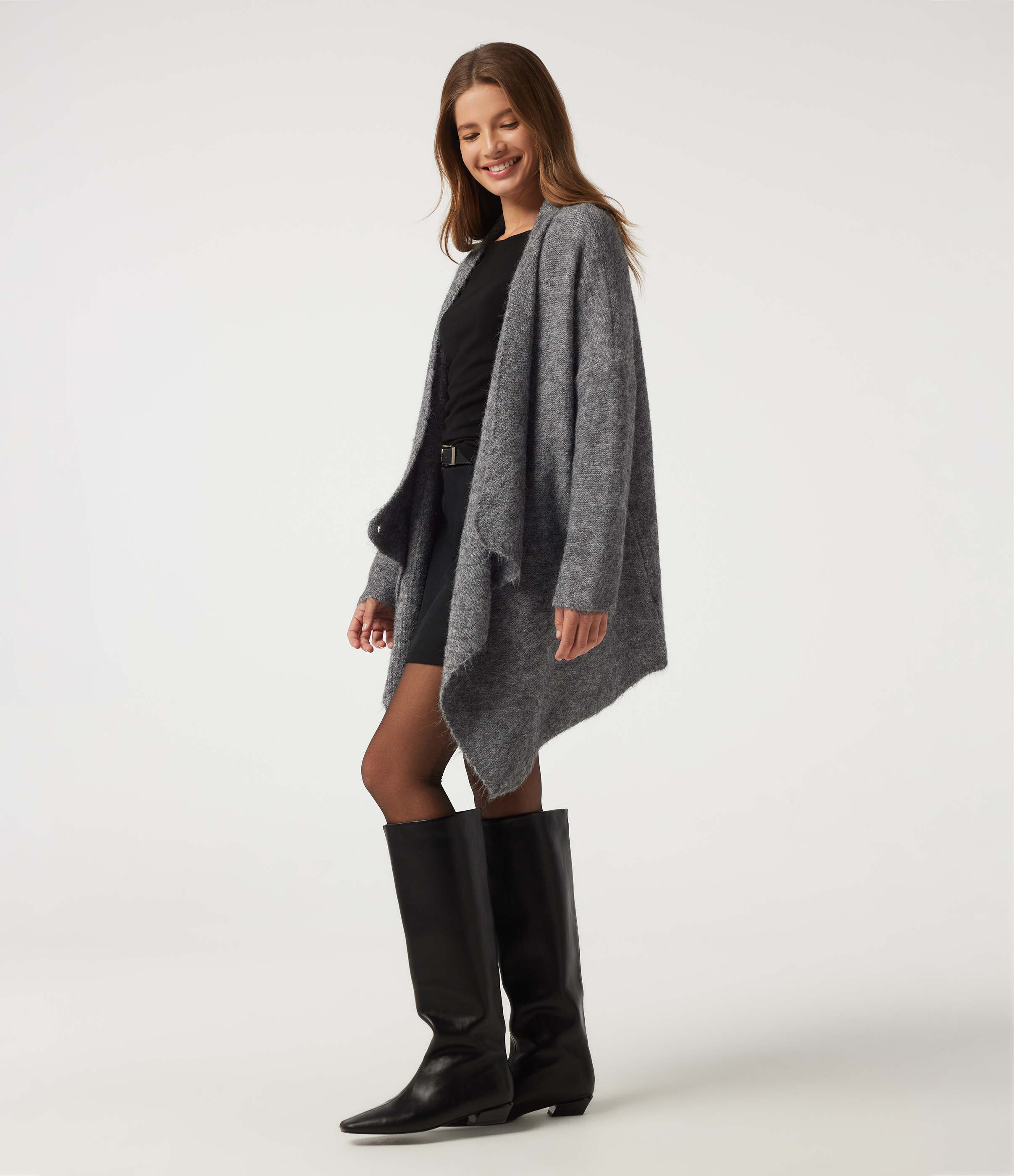 Grau Waterfall-Cardigan mit überschnittener Schulter, langärmlig, lockerem, verlängertem Schnitt, arbeitstauglicher Strickcardigan / 2