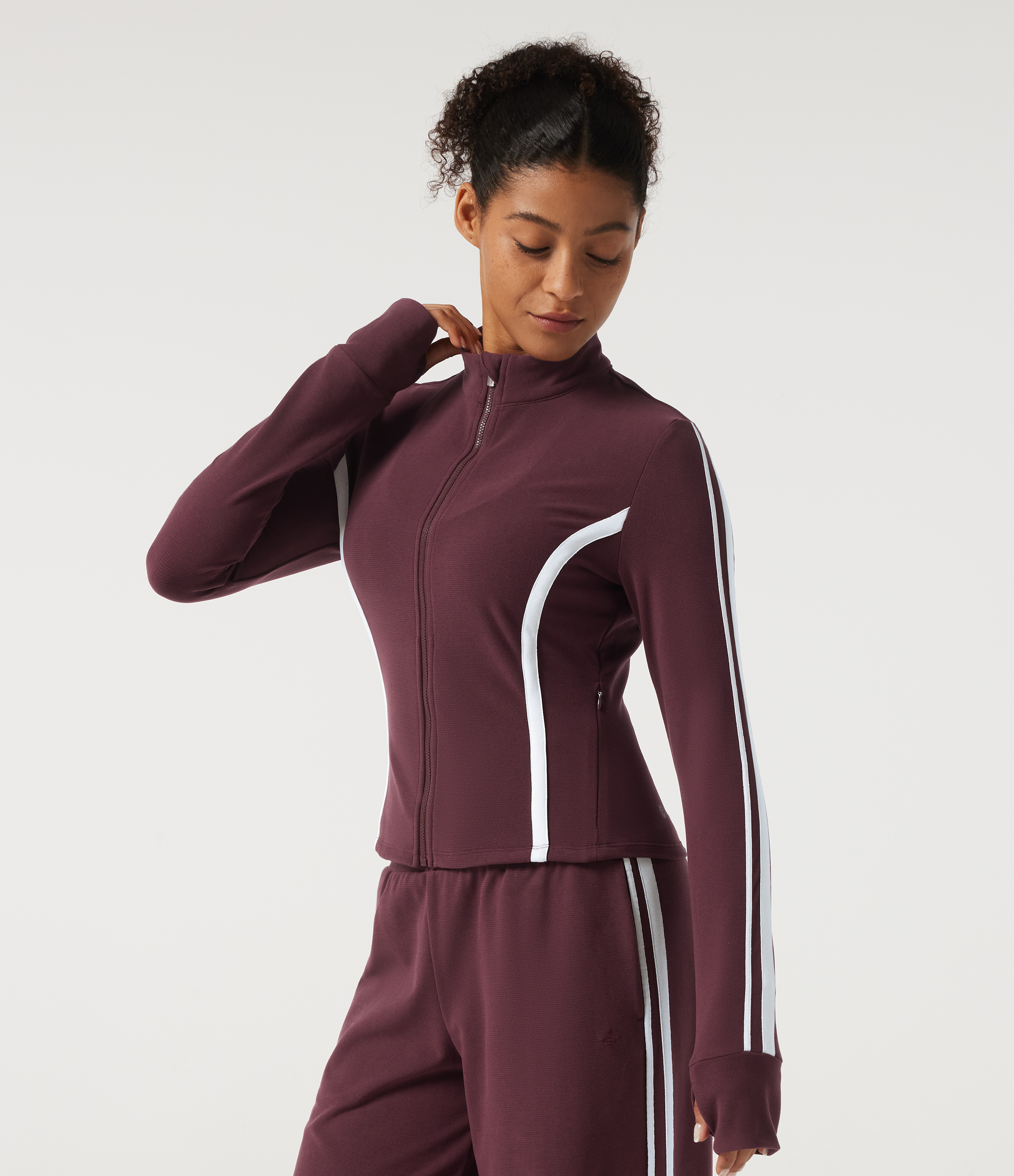 Mock Neck Long Sleeve Color Block Side Stripe Open Front Yoga Jacket with Pockets