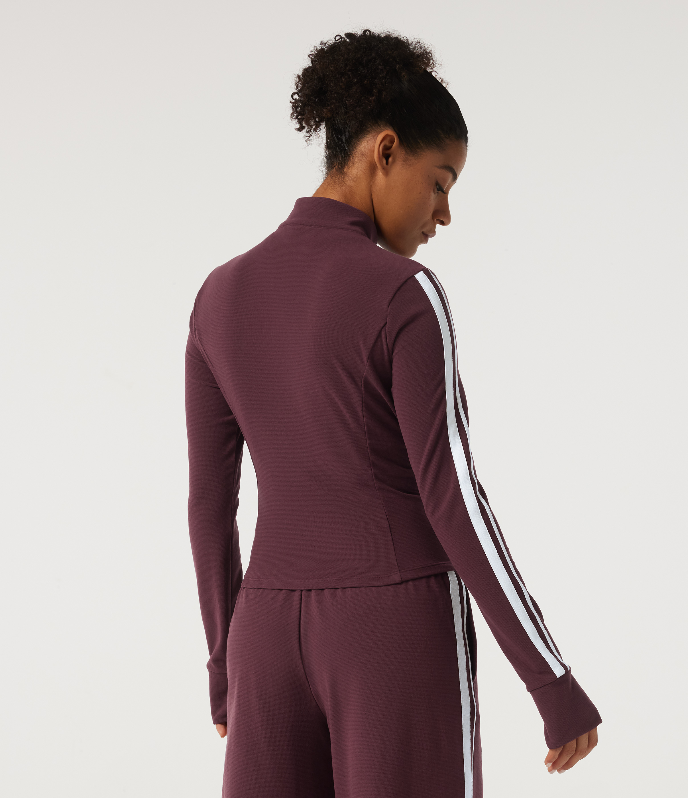 Berry Red Mock Neck Long Sleeve Color Block Side Stripe Open Front Yoga Jacket with Pockets / 2