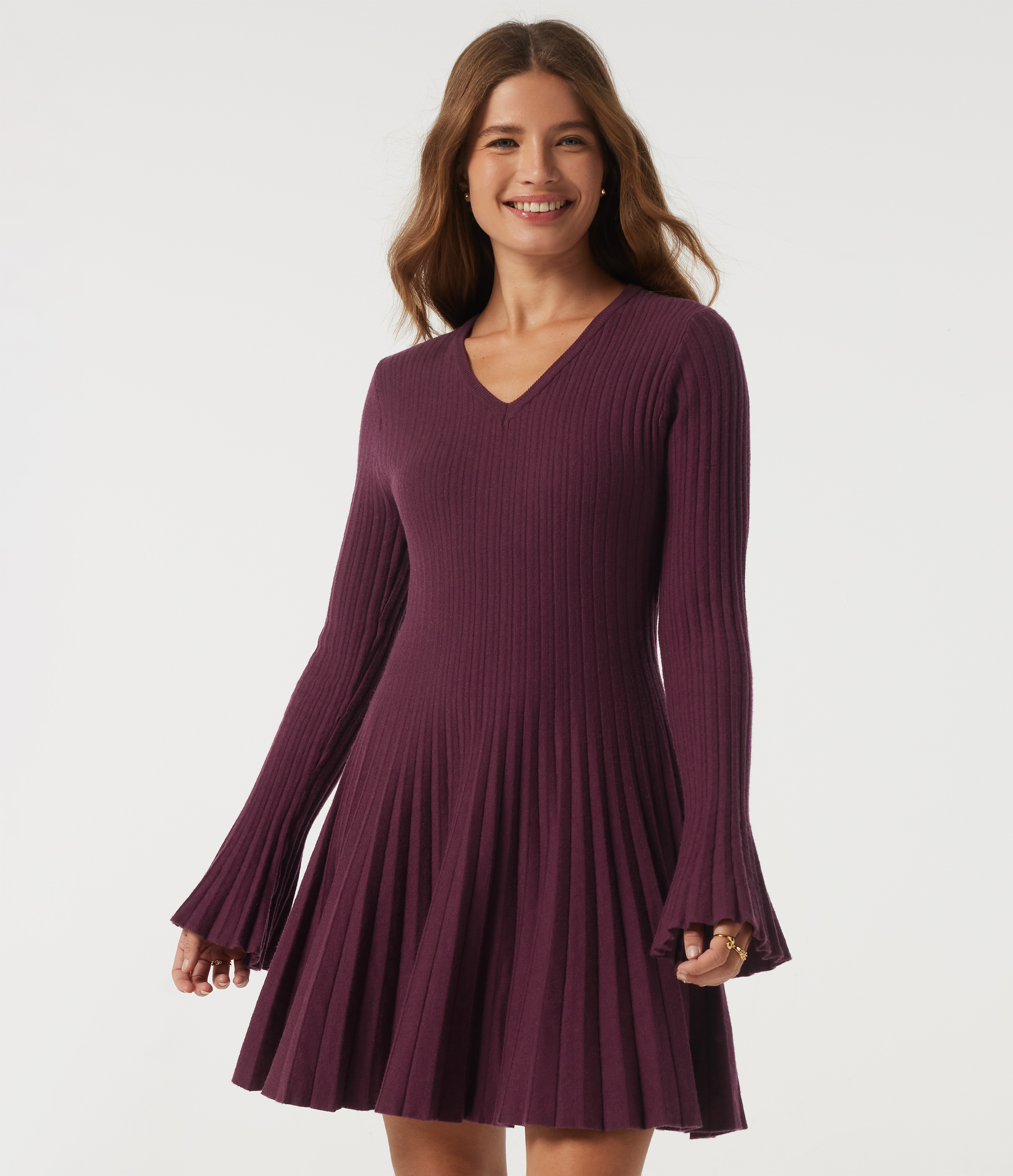 V Neck Flounce Long Sleeve A-Line Casual Mini Sweater Dress
