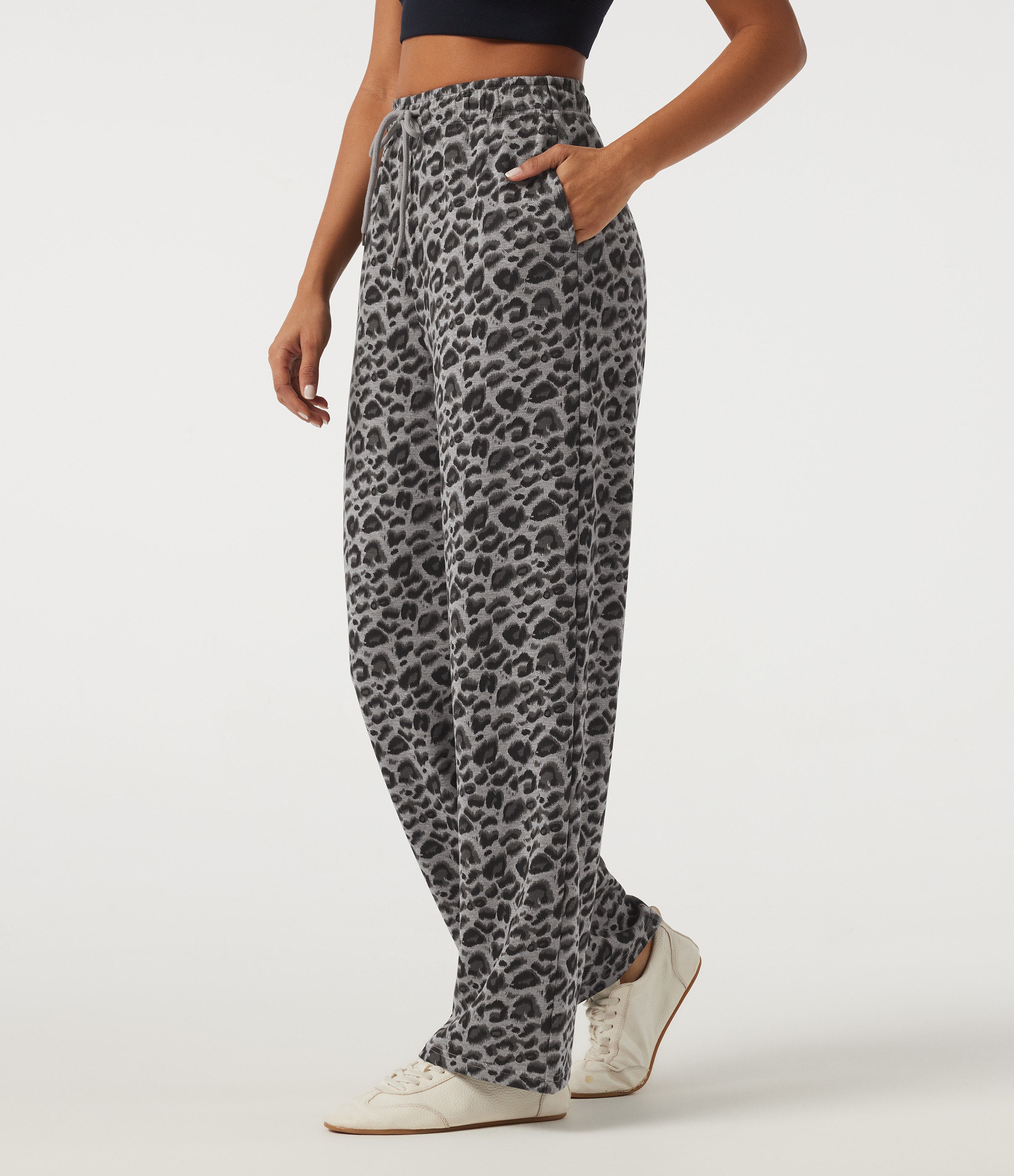 High Waisted Drawstring Straight Leg Leopard Print Casual Sweatpants with Pockets