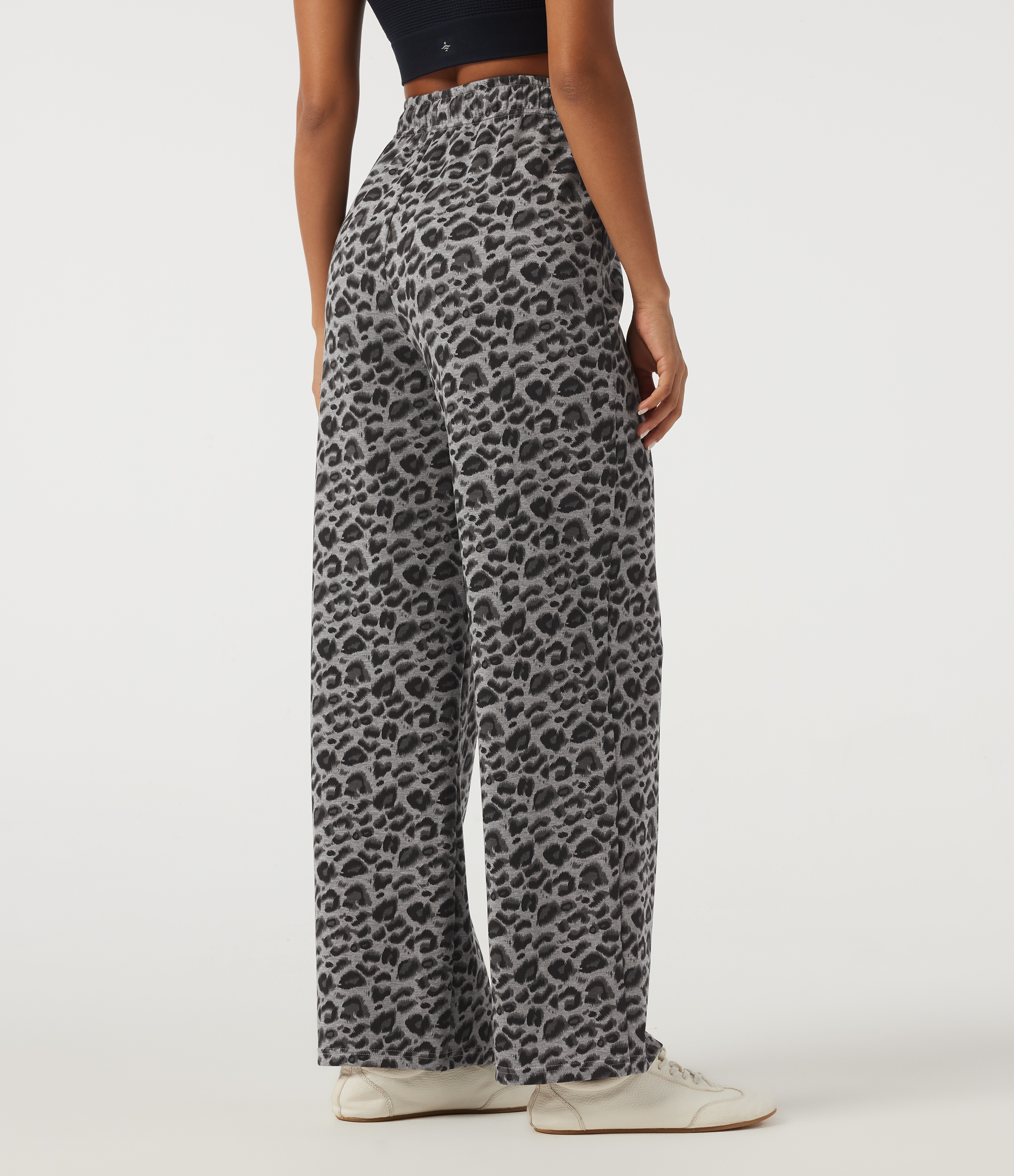 Silver Leopard Print High Waisted Drawstring Straight Leg Leopard Print Casual Sweatpants with Pockets / 2