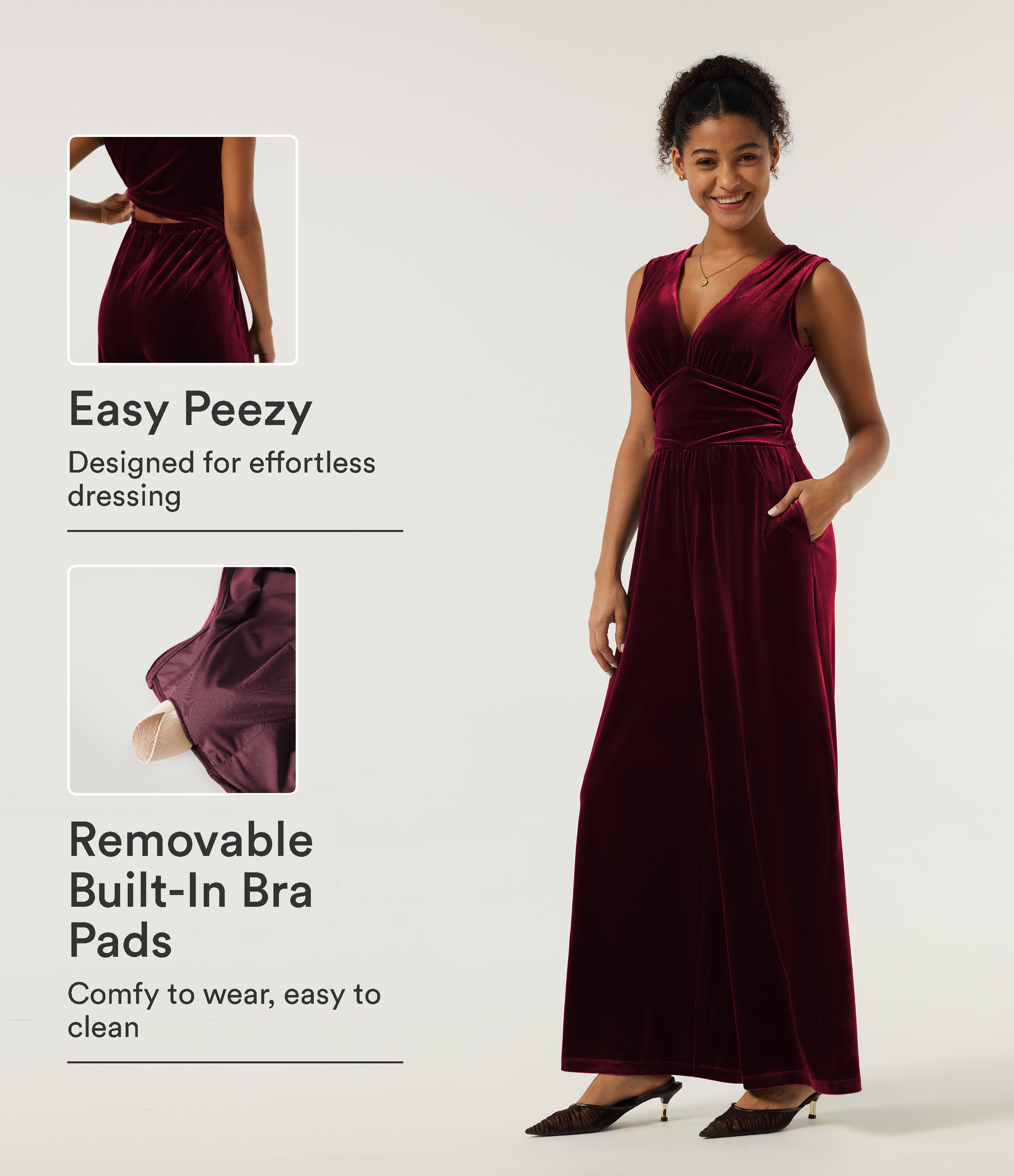 V Neck Ruched Wide Leg Velvet Party Jumpsuit with Built-in Bra and Pockets -Easy Peezy Edition