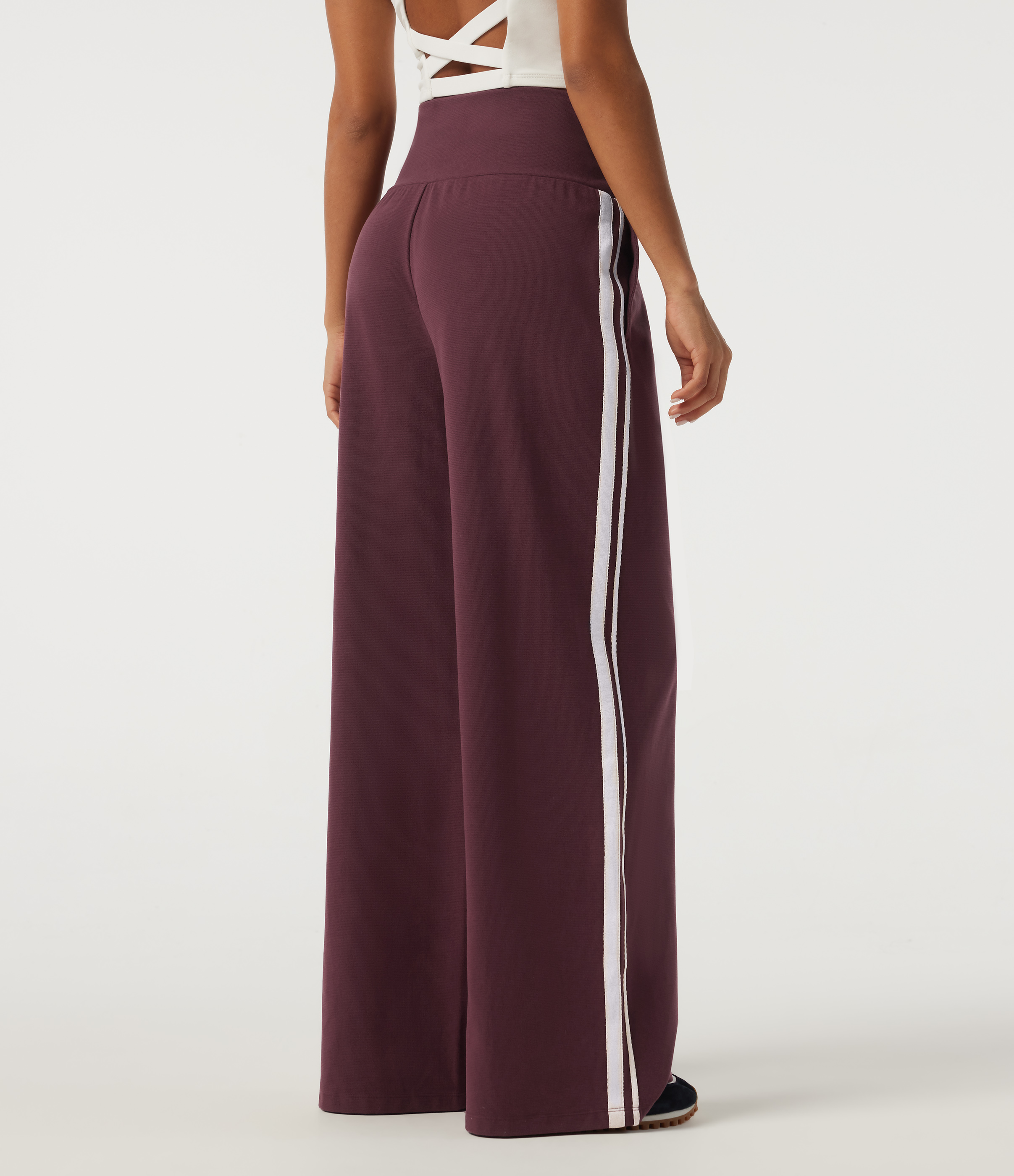 Berry Red High Waisted Tummy Control Wide Leg Color Block Side Stripe Casual Pants with Pockets / 2