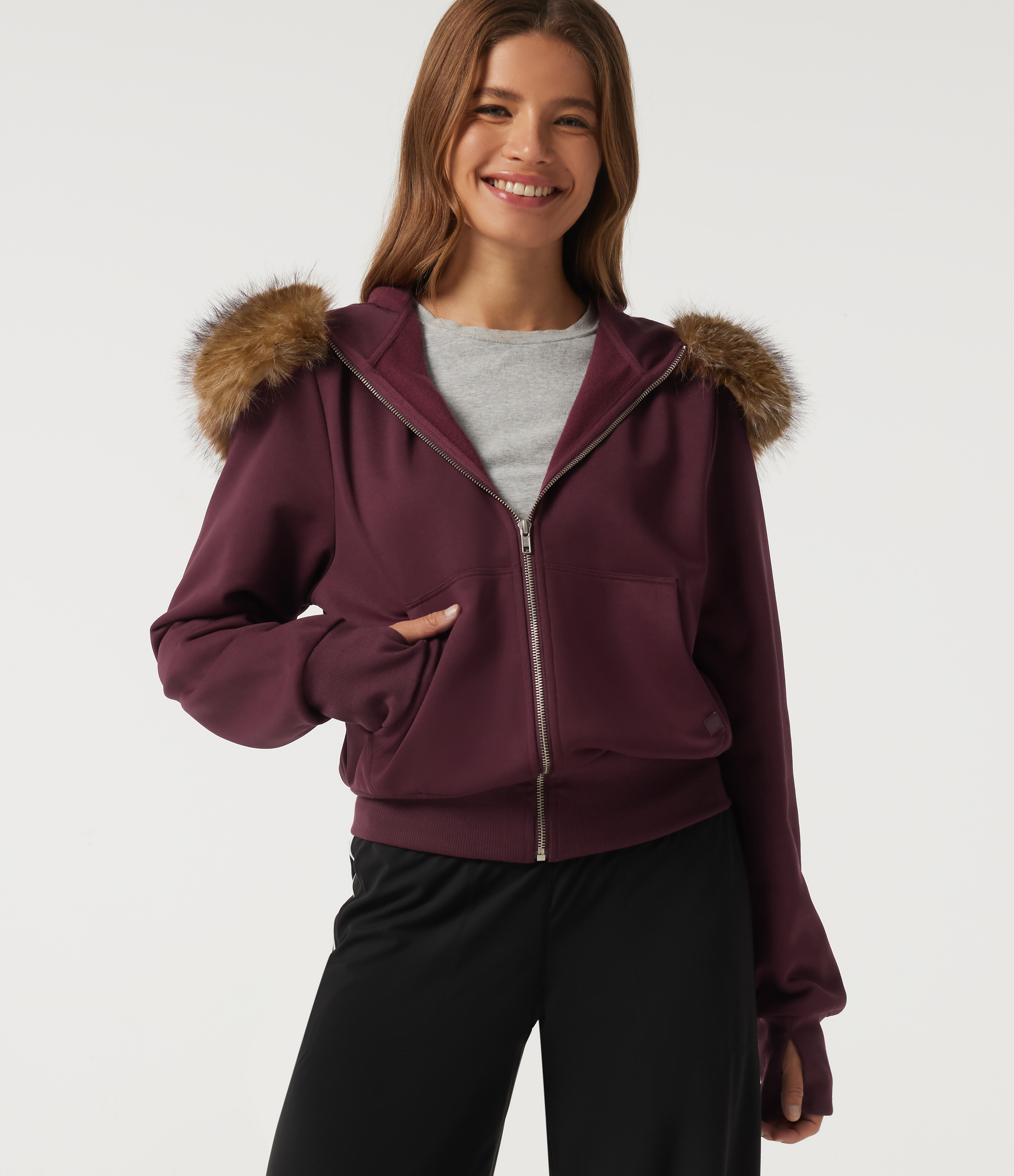 Full-Zip Casual Sweatshirt with Detachable Faux Fur Trimmed Hood and ThumbHoles and Pockets