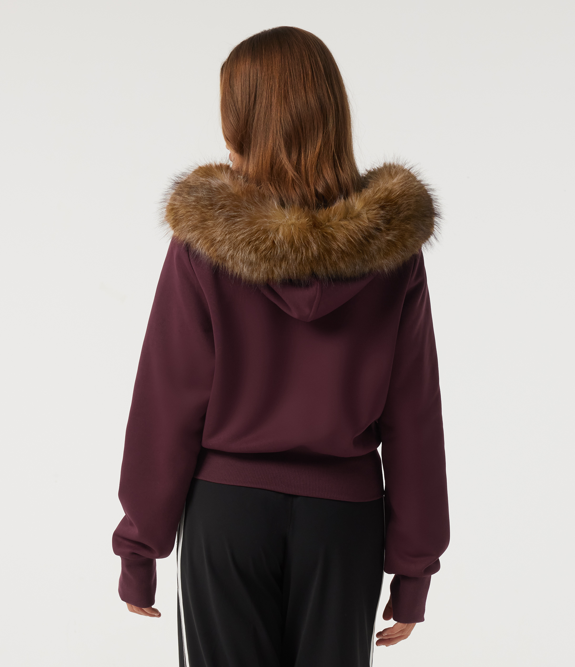 Chocolate Truffle Full-Zip Casual Sweatshirt with Detachable Faux Fur Trimmed Hood and ThumbHoles and Pockets / 2