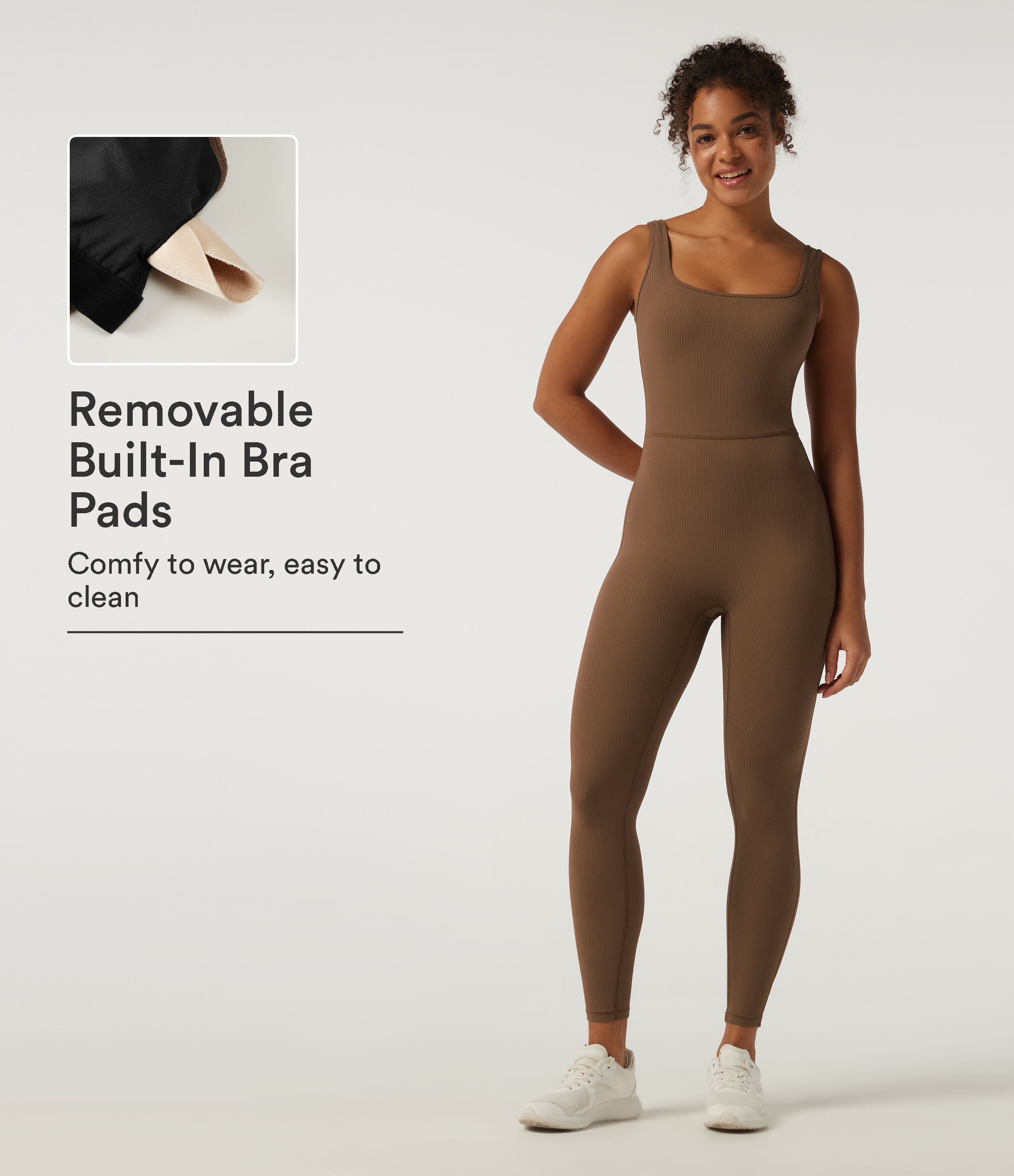 Ribbed Square Neck Sleeveless Yoga Jumpsuit with Built-in Bra
