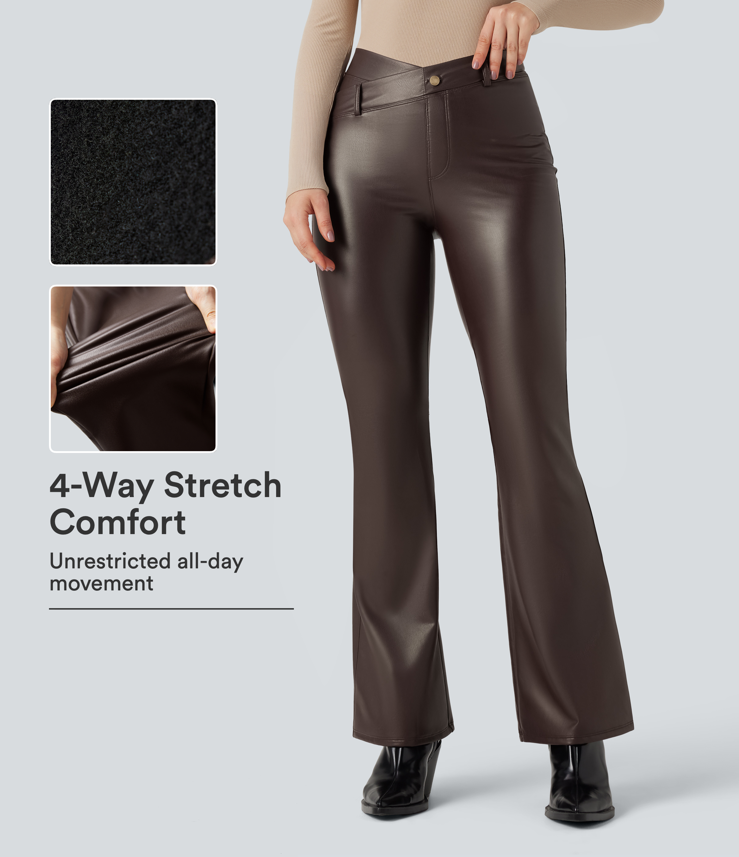 Asymmetric High Waisted Tummy Control Stretchy PU Fleece Casual Flare Pants with Pockets