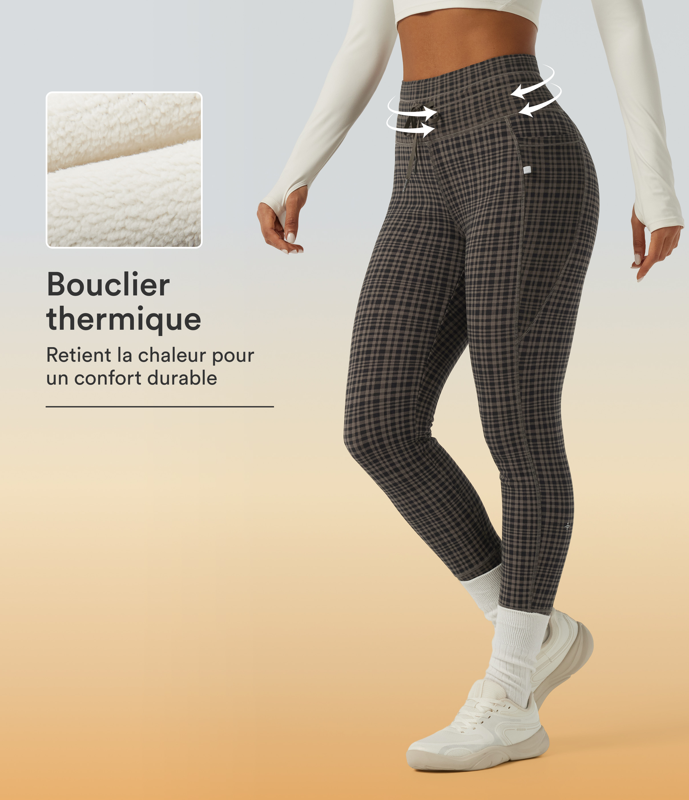 Sandstone Check Plaid Legging de yoga skinny Halara UltraSculpt™ Extra Heat à carreaux et doublé polaire, taille haute avec cordon de serrage et poches / 1