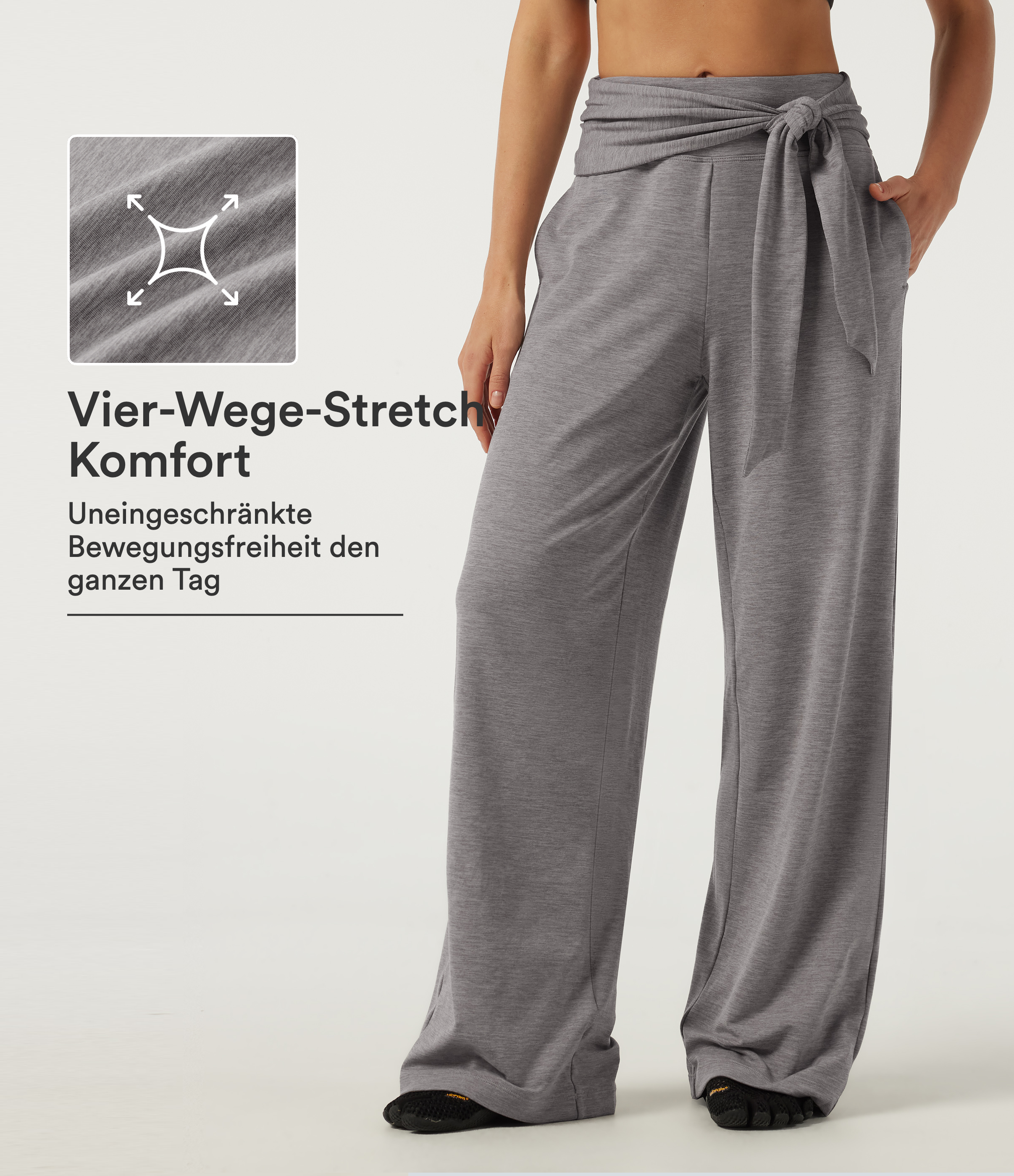 Yogahose mit mittelhohem Bund, Seitentaschen, Bindeband vorne und geradem Bein