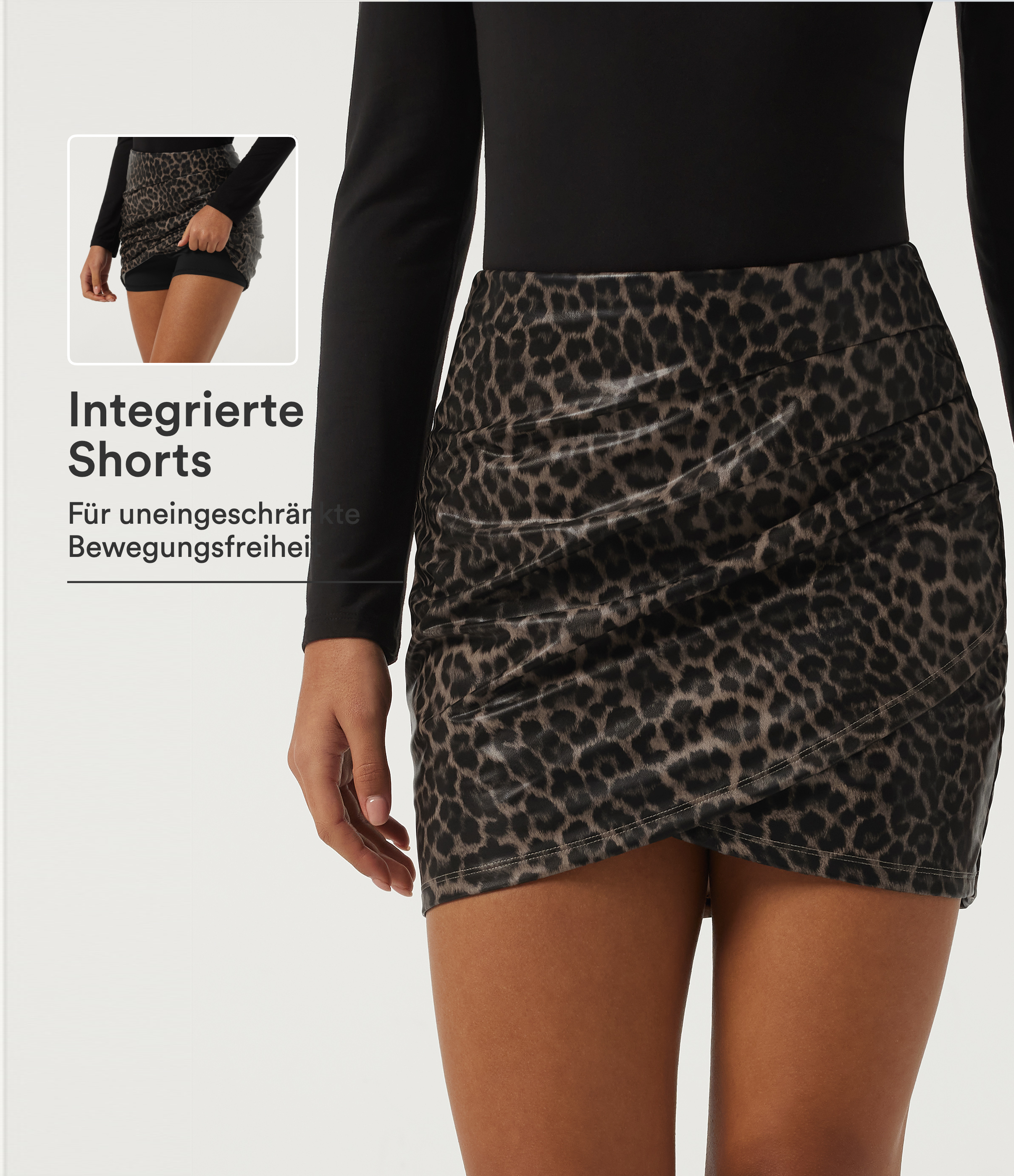 Lässiger, geraffter 2-in-1 Minirock aus elastischem Kunstleder mit hohem Bund, Leopardenmuster und integriertem Shorts