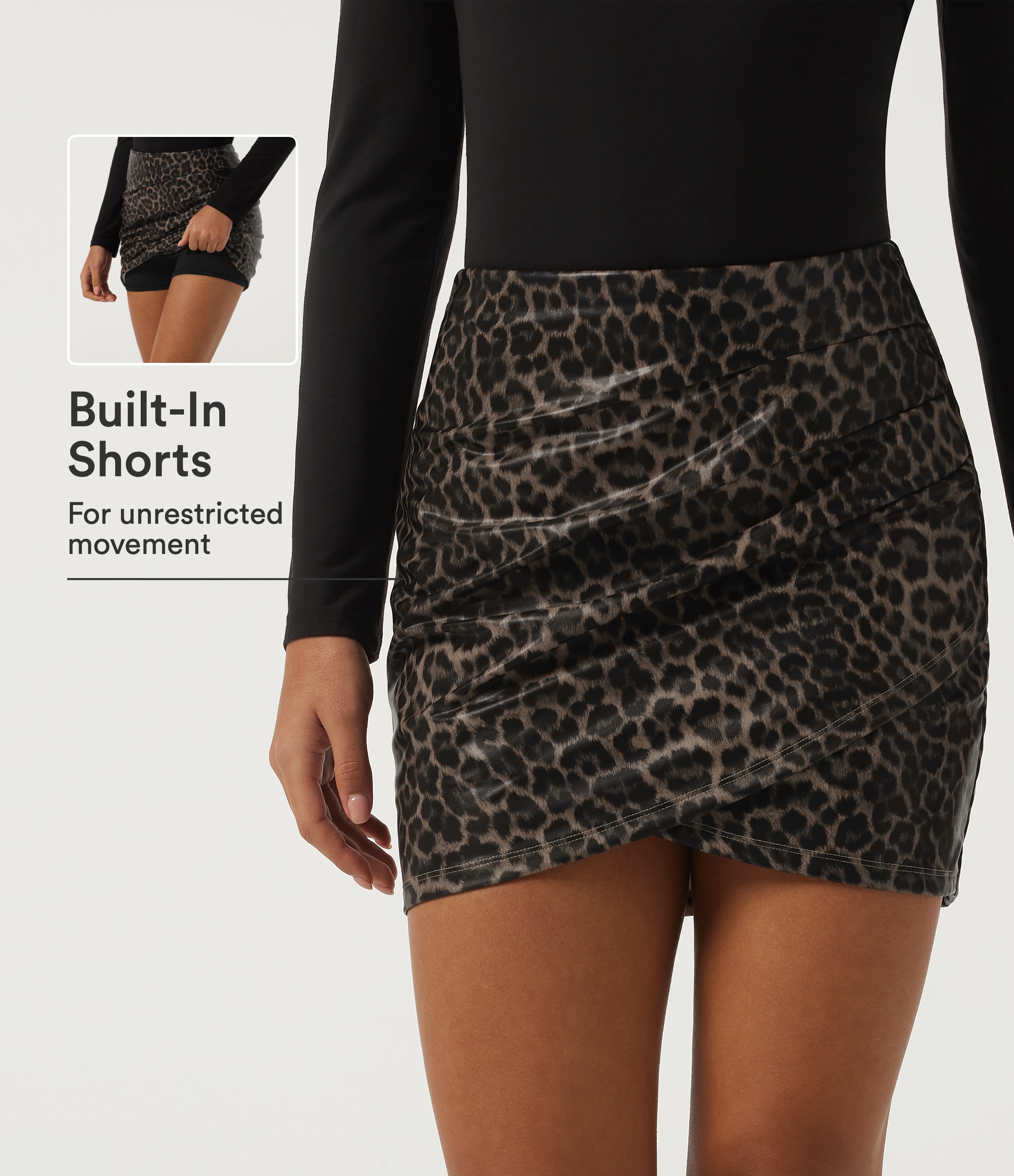 High Waisted Stretchy PU Leopard Print Ruched Casual Mini Skirt with Built-in Shorts