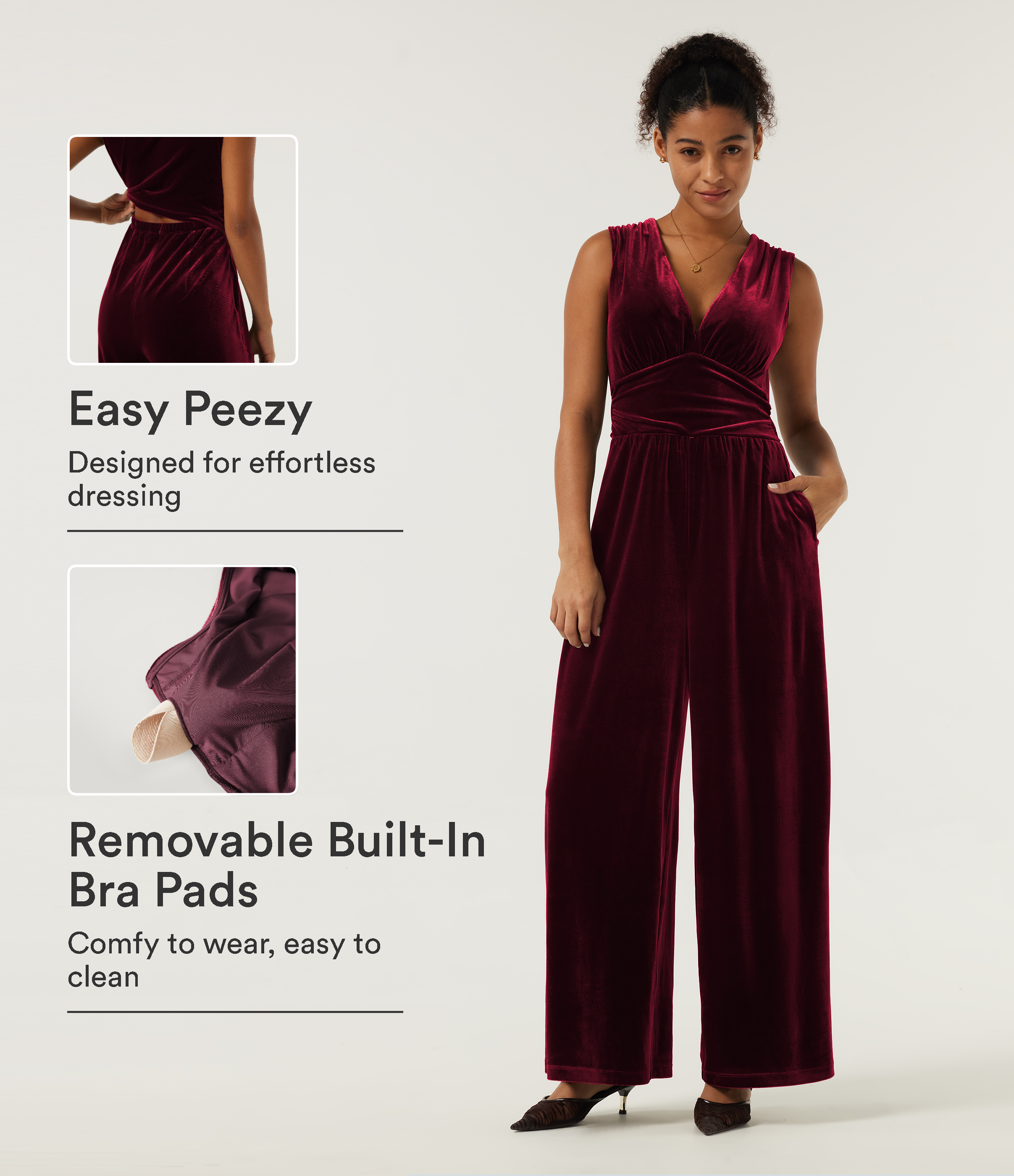 Sangria V Neck Ruched Wide Leg Velvet Party Jumpsuit with Built-in Bra and Pockets -Easy Peezy Edition / 1