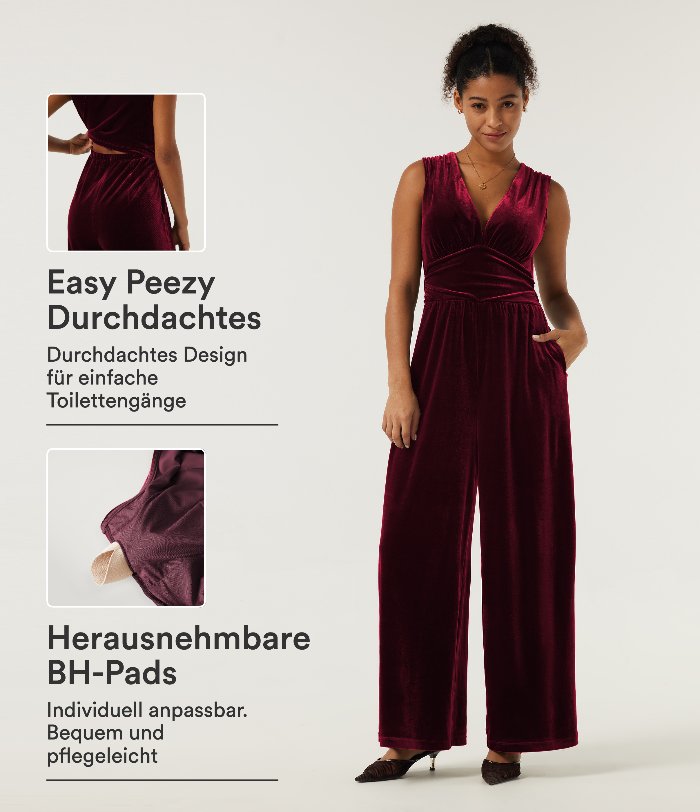 Geraffter Party-Jumpsuit aus Samt mit V-Ausschnitt, Seitentaschen, integriertem BH und weitem Bein - Easy Peezy Edition
