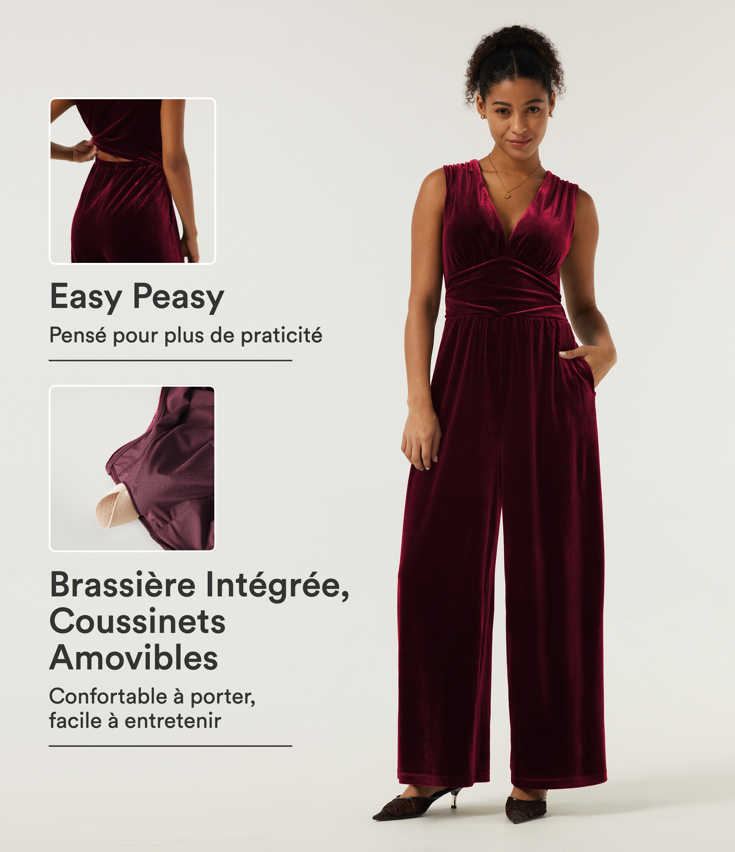 Sangria Combinaison de soirée en velours accès facile Easy Peasy à col V, jambes larges avec fronces, brassière intégrée et poches / 1