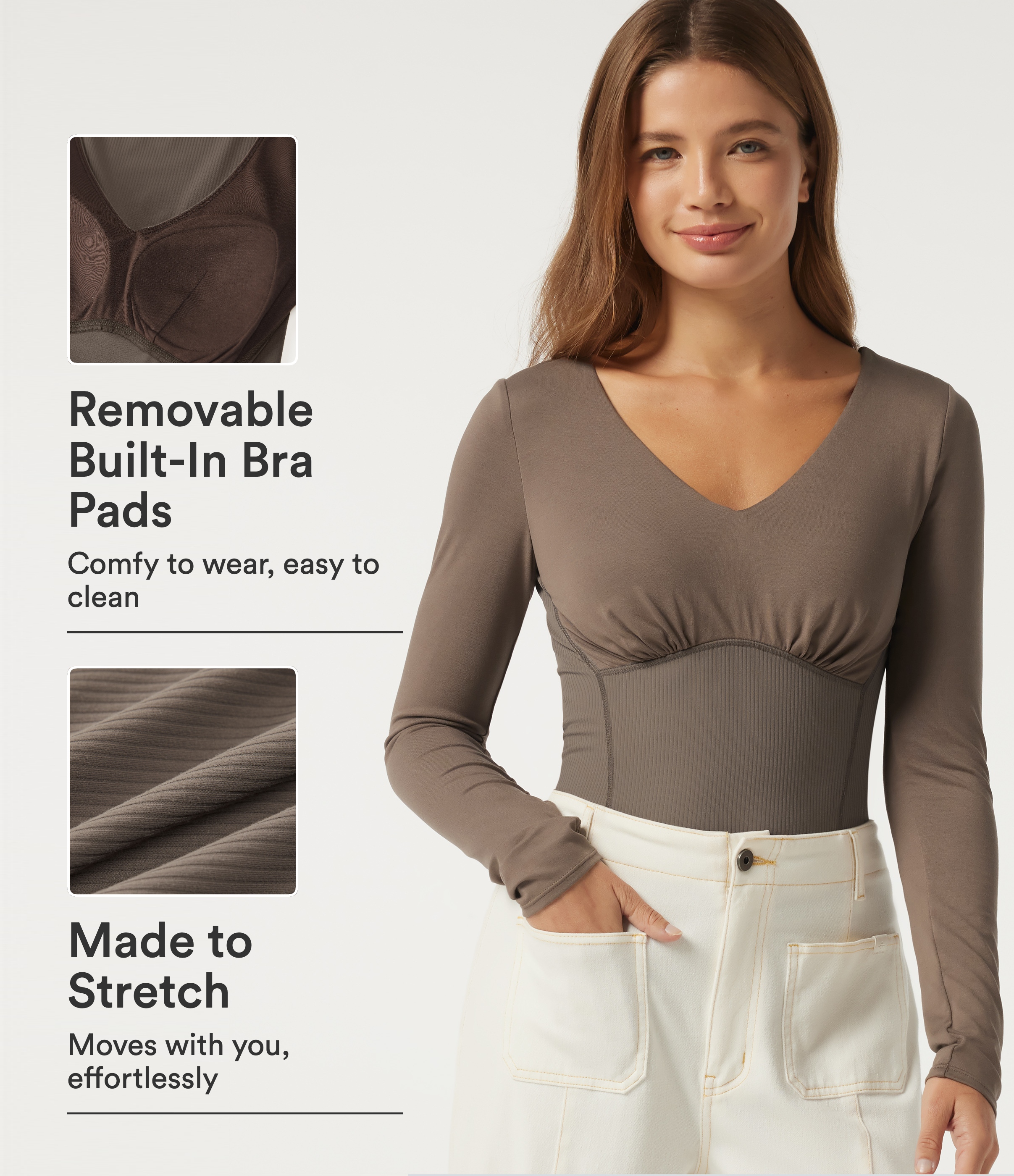 V Neck Long Sleeve Ruched Work Bodysuit with Built-in Bra