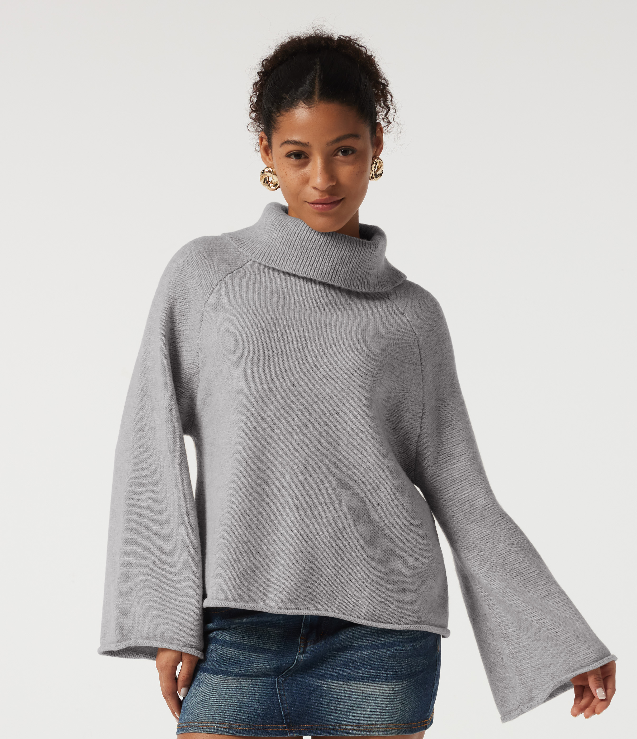 High Neck Long Sleeve Rolled Hem Casual Sweater