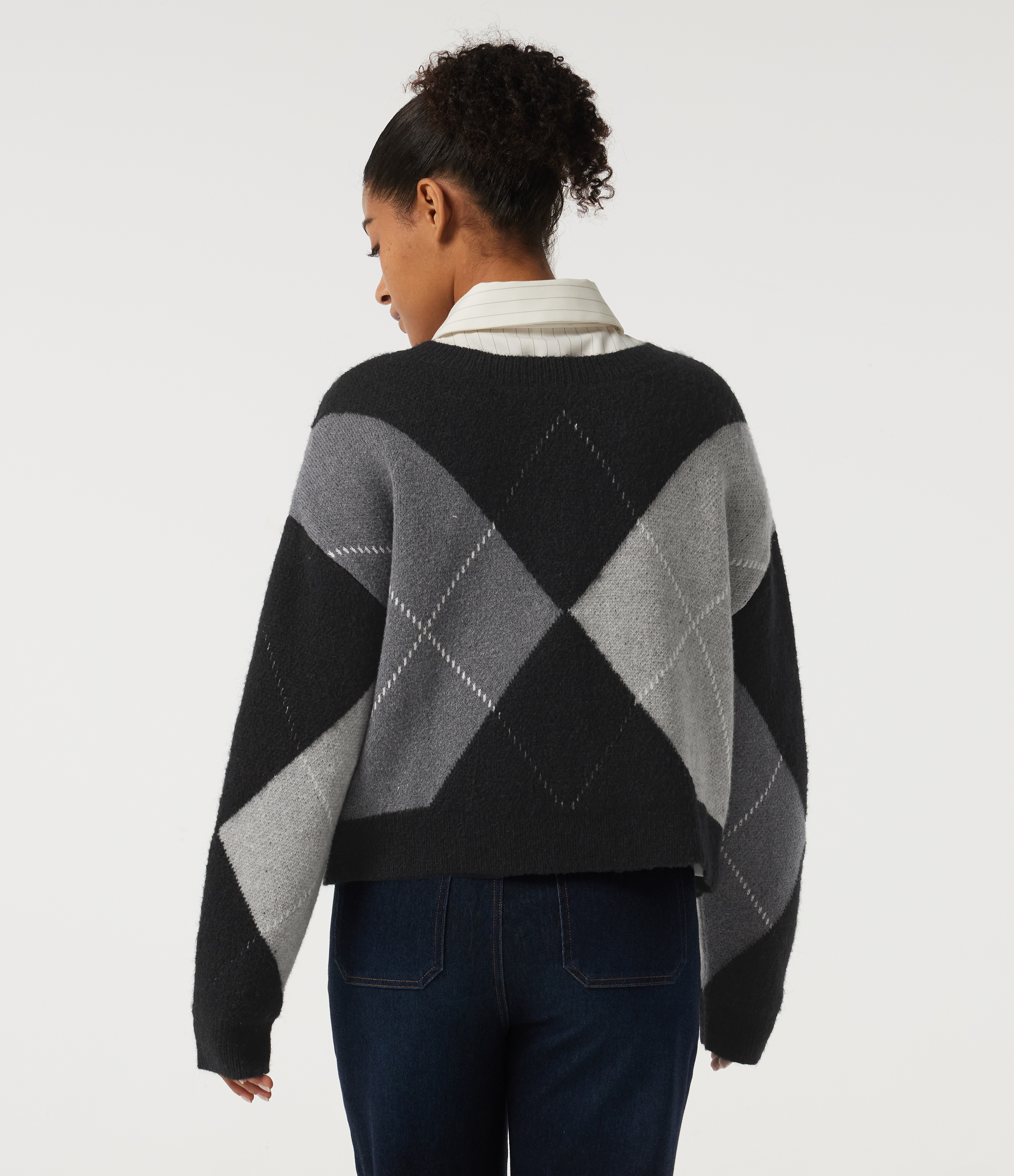 Winter Argyle Round Neck Long Sleeve Plaid Casual Sweater / 2