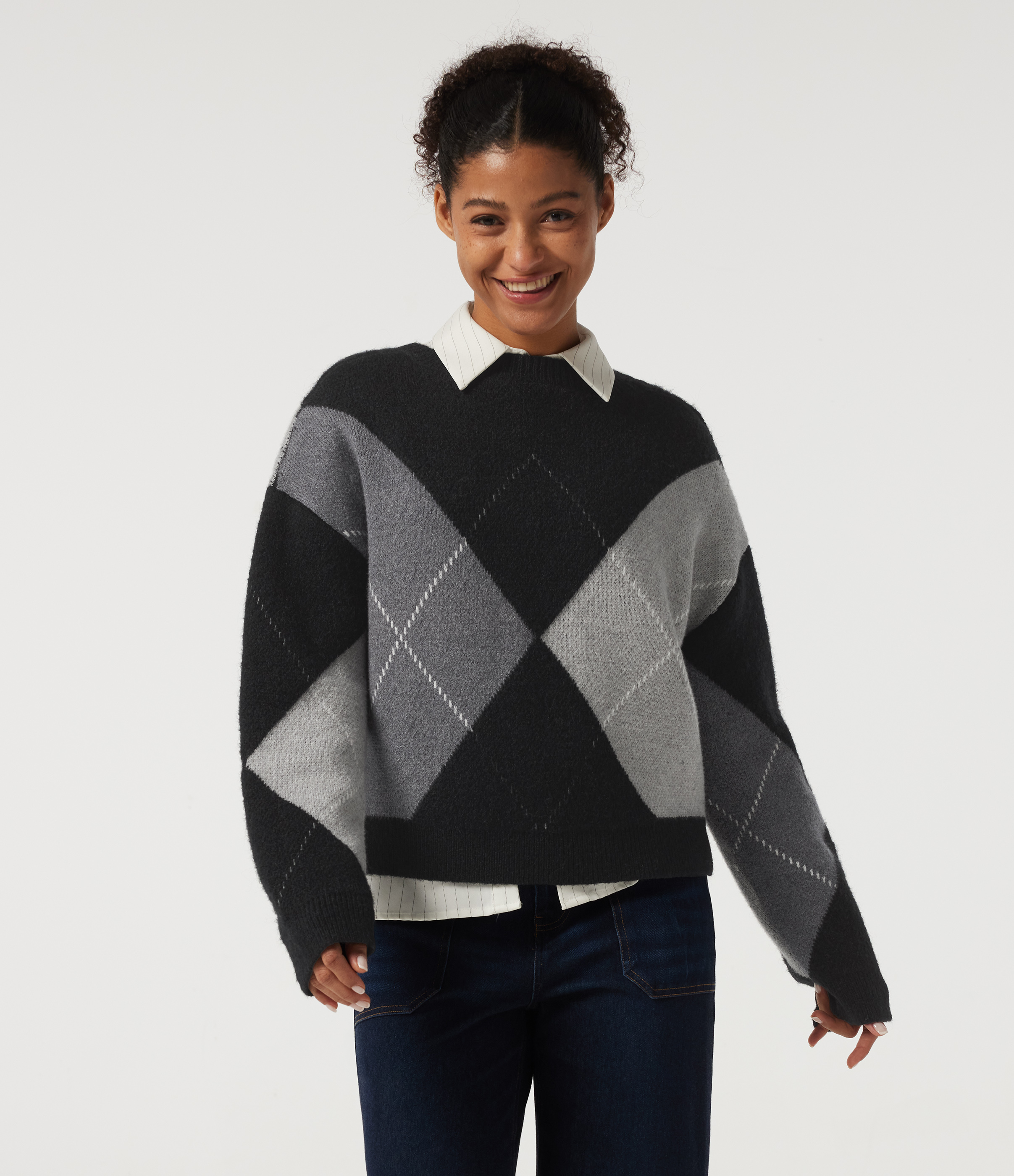 Round Neck Long Sleeve Plaid Casual Sweater