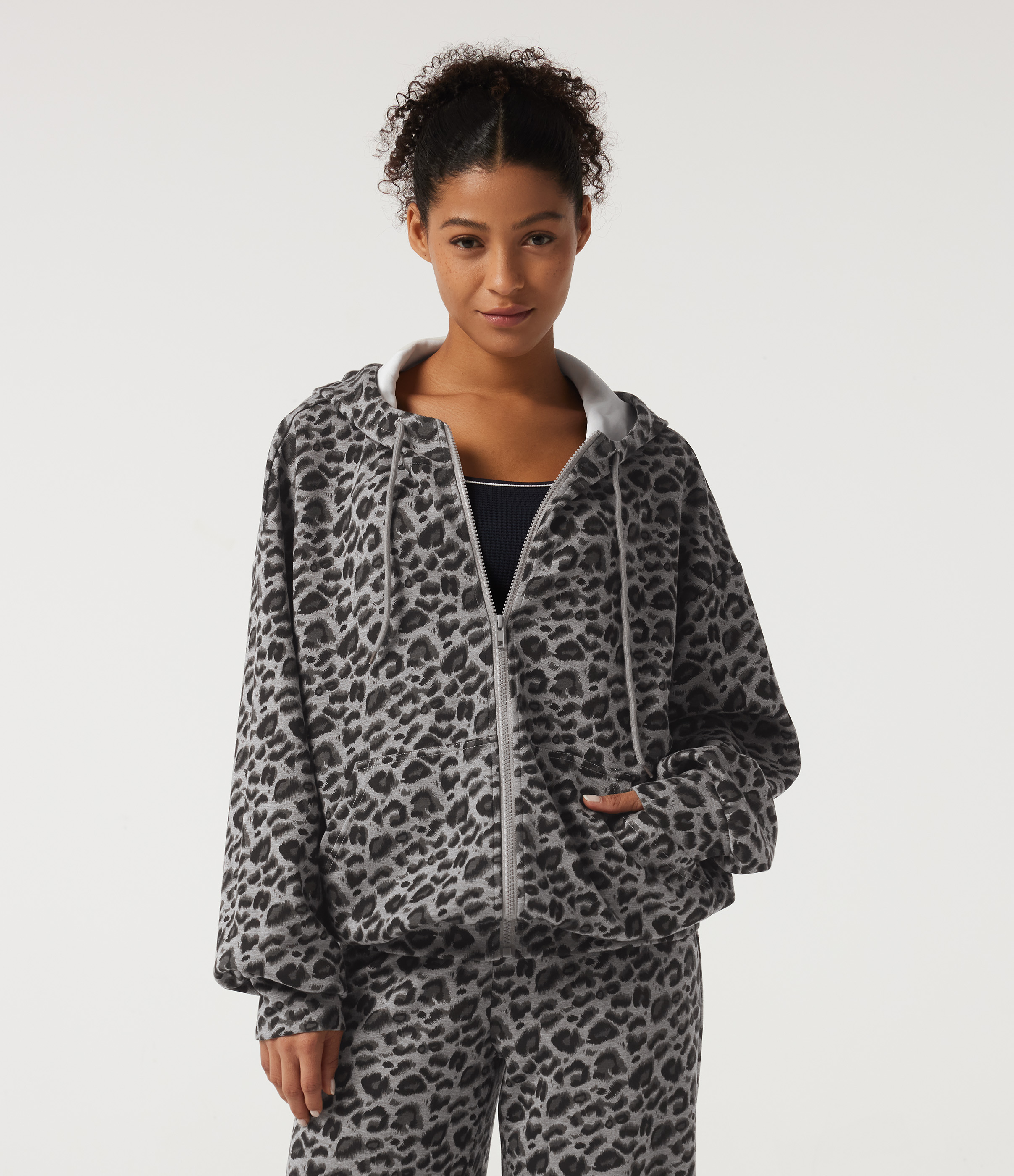 Hooded Long Sleeve Leopard Print Casual Sweatshirt with Pockets
