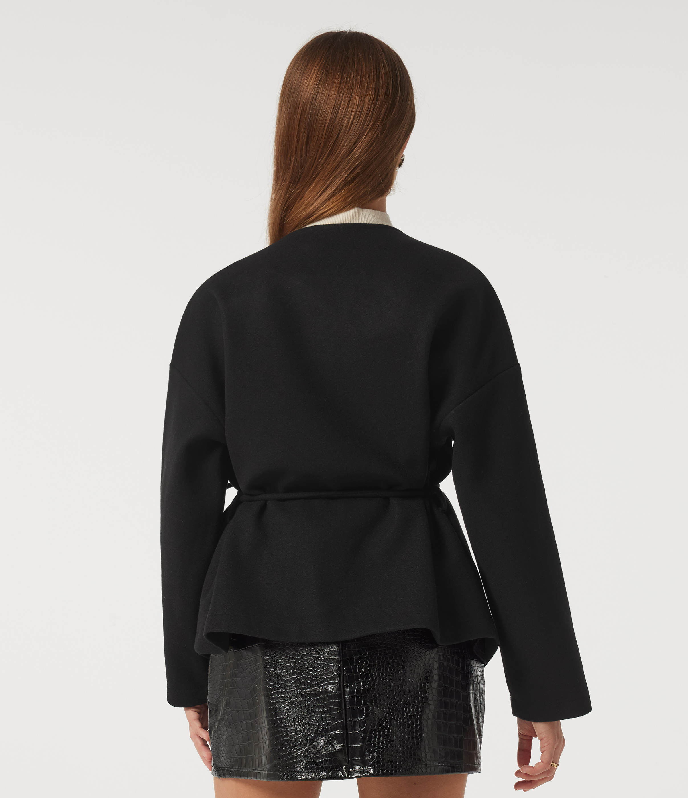 Black V Neck Long Sleeve Belted Fleece Casual Coat with Pockets / 2