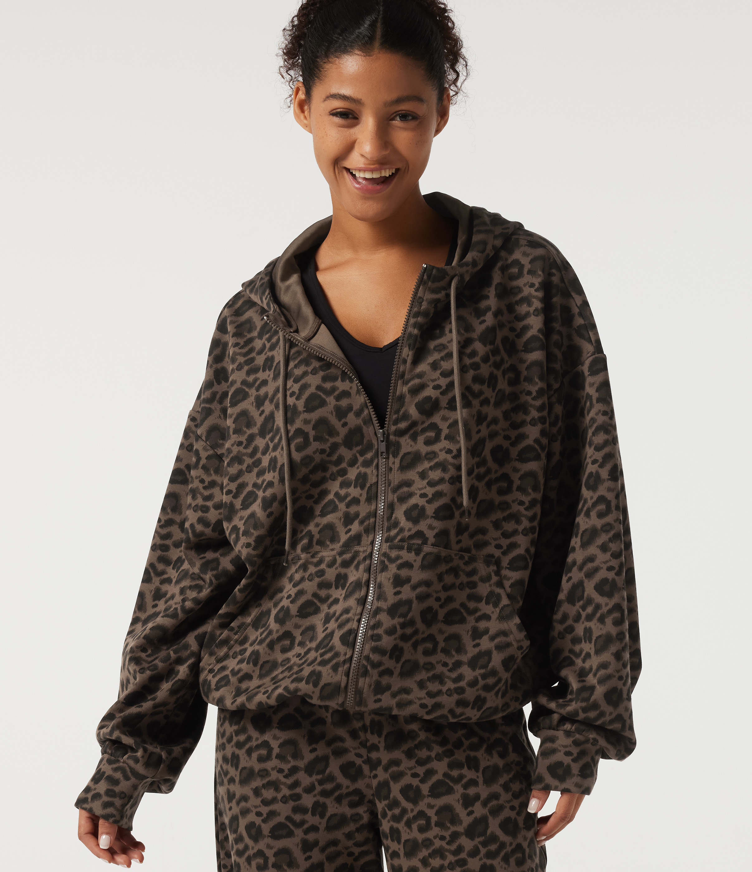Hooded Long Sleeve Leopard Print Casual Sweatshirt with Pockets