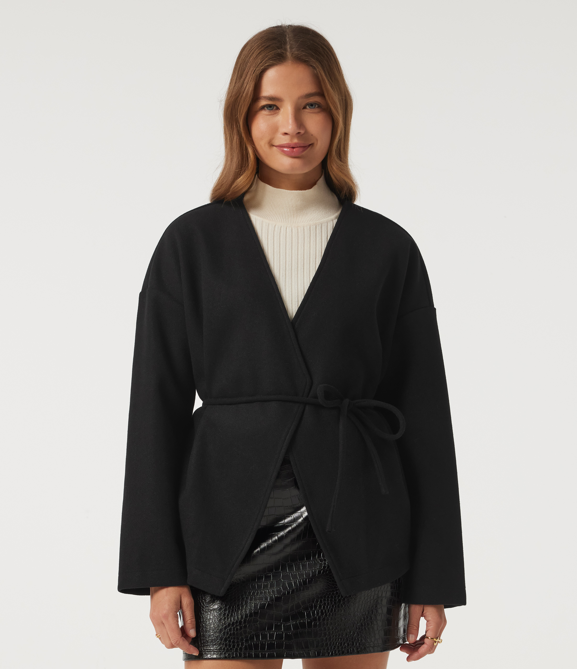V Neck Long Sleeve Belted Fleece Casual Coat with Pockets