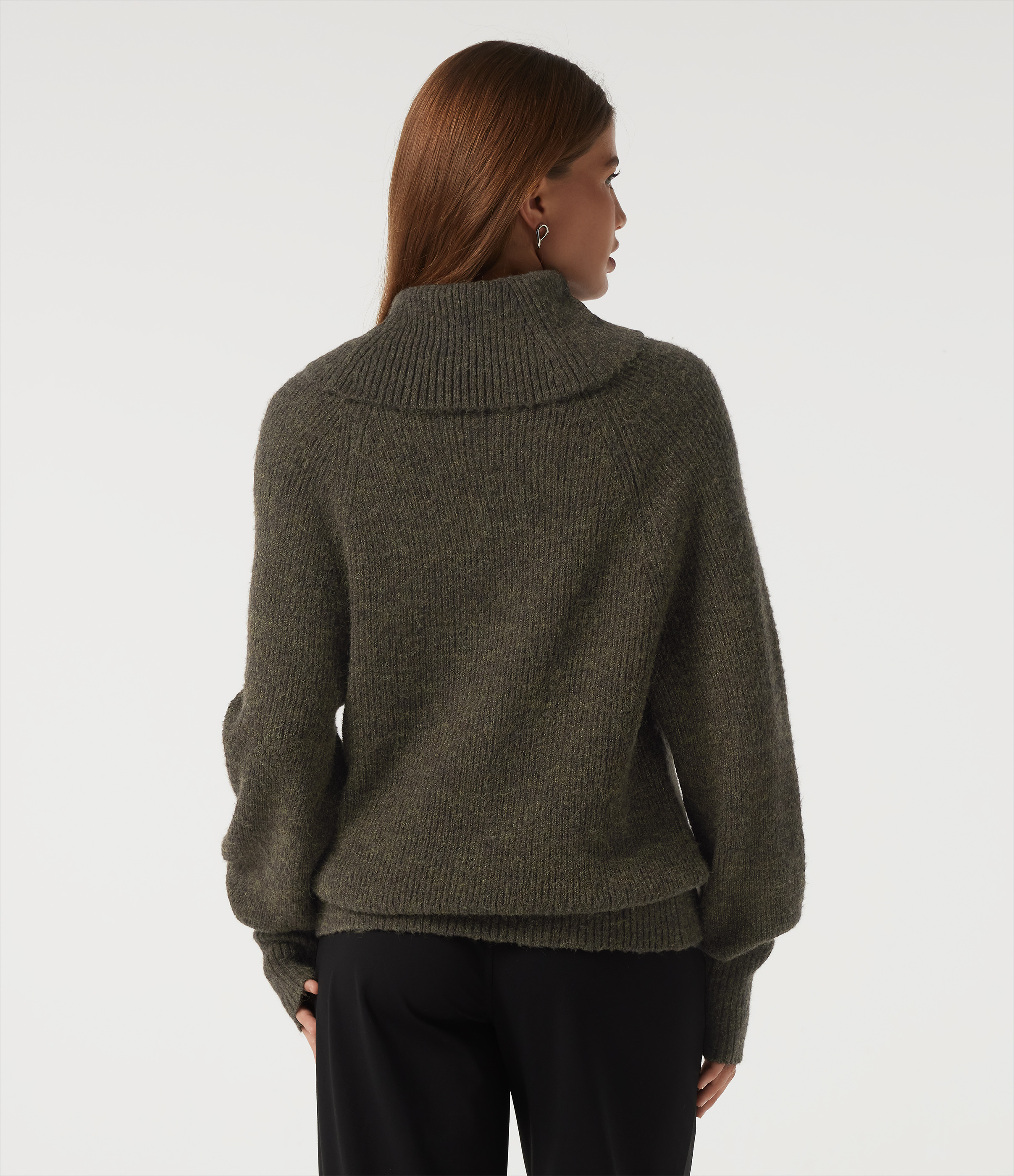 Dark Green Floral Yarn High Neck Bishop Long Sleeve Casual Sweater / 2