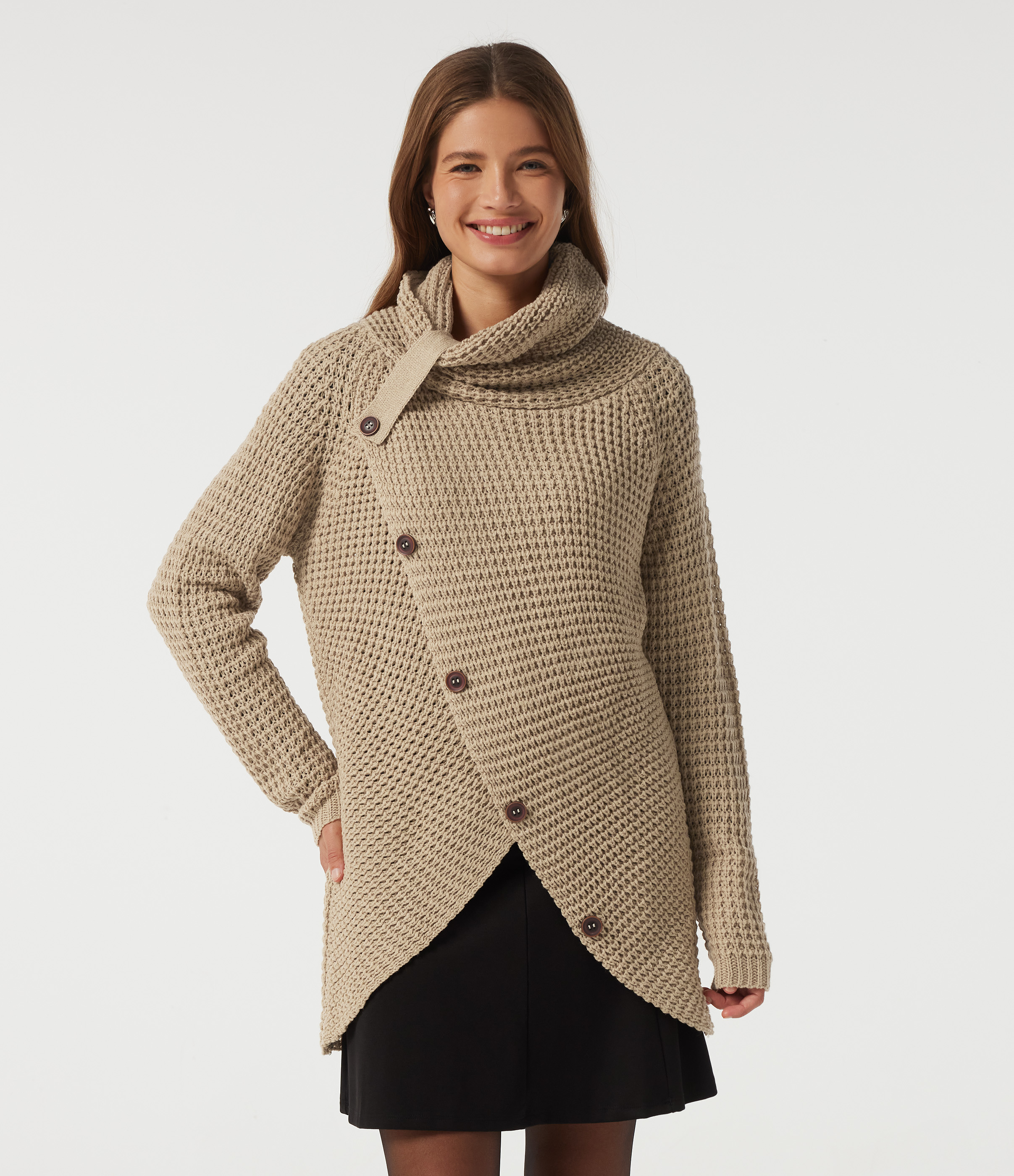 High Neck Long Sleeve Uneven Hem Casual Sweater