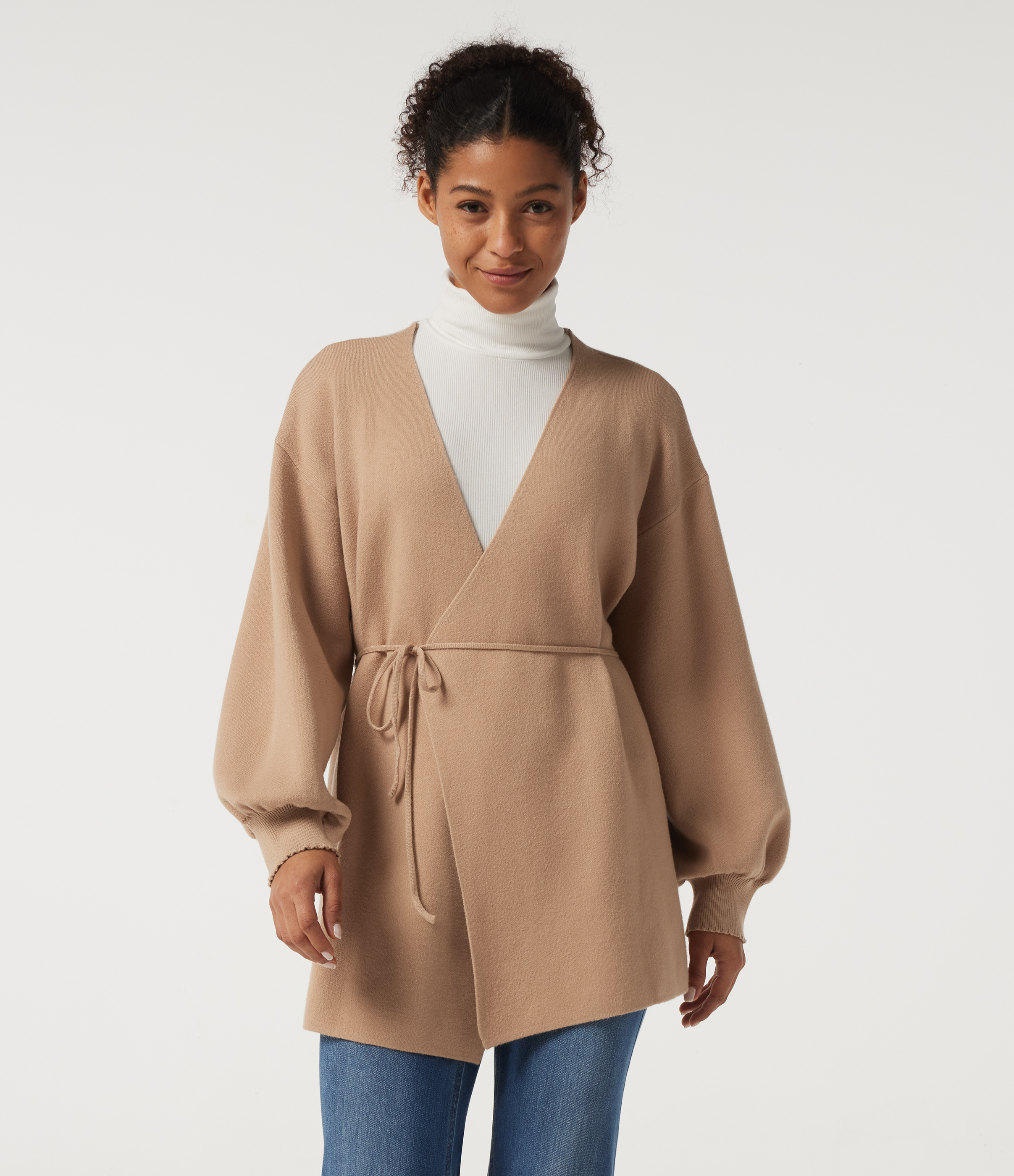 V Neck Long Sleeve Longline Belted Work Cardigan