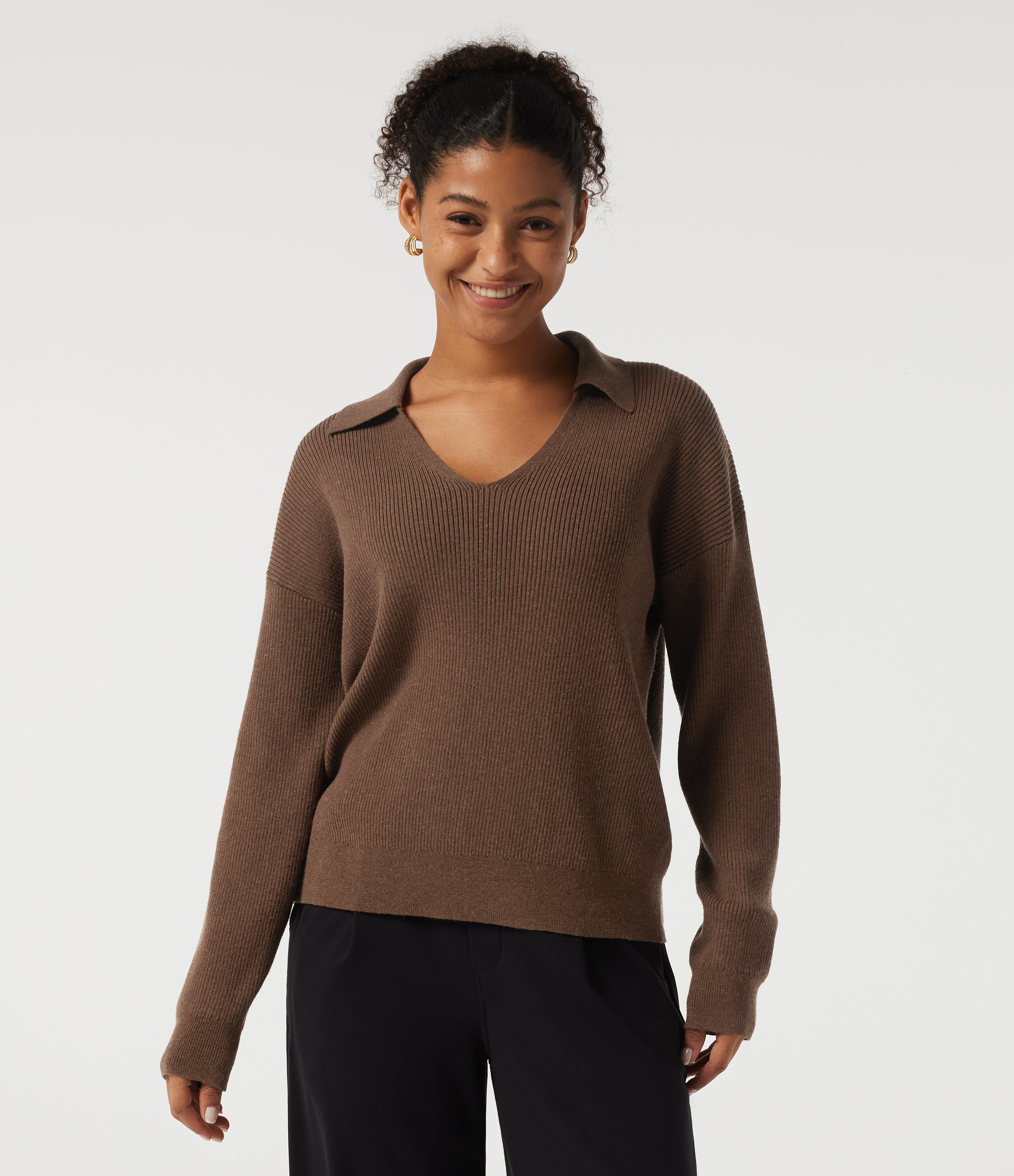 V Neck Drop Shoulder Long Sleeve Work Sweater