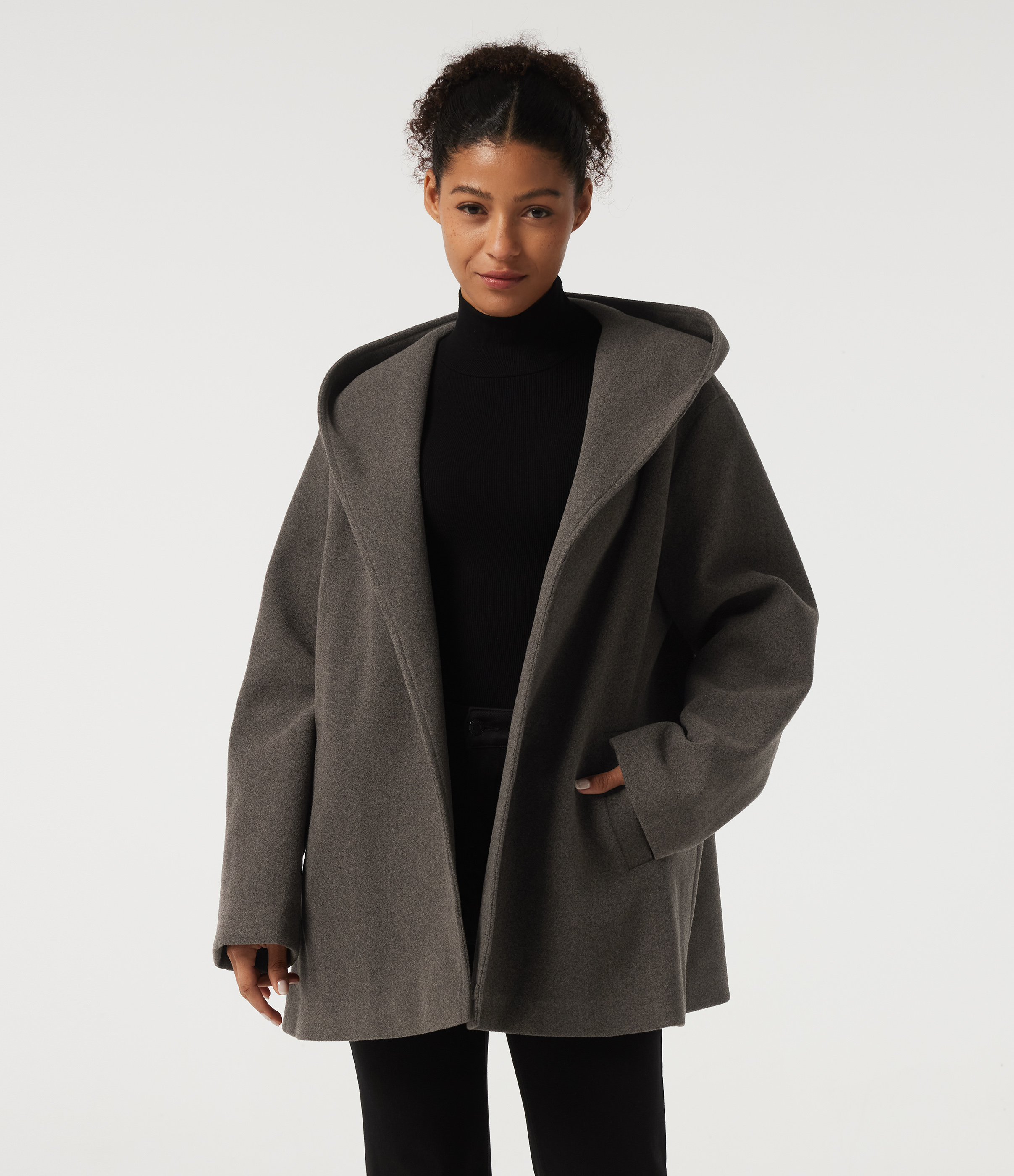 Hooded Tie Long Sleeve Fleece Work Coat with Pockets