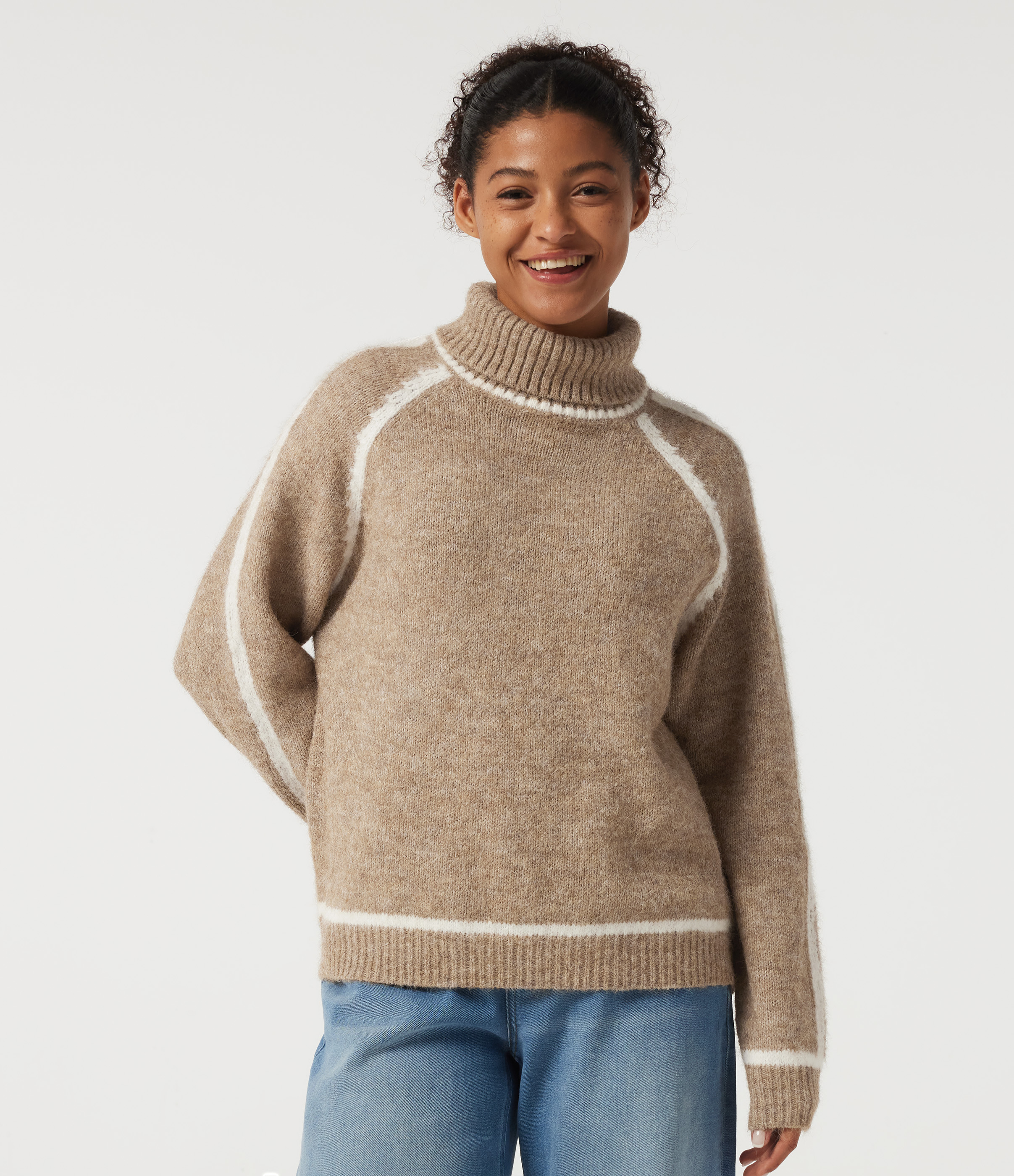 High Neck Long Sleeve Color Block Work Sweater