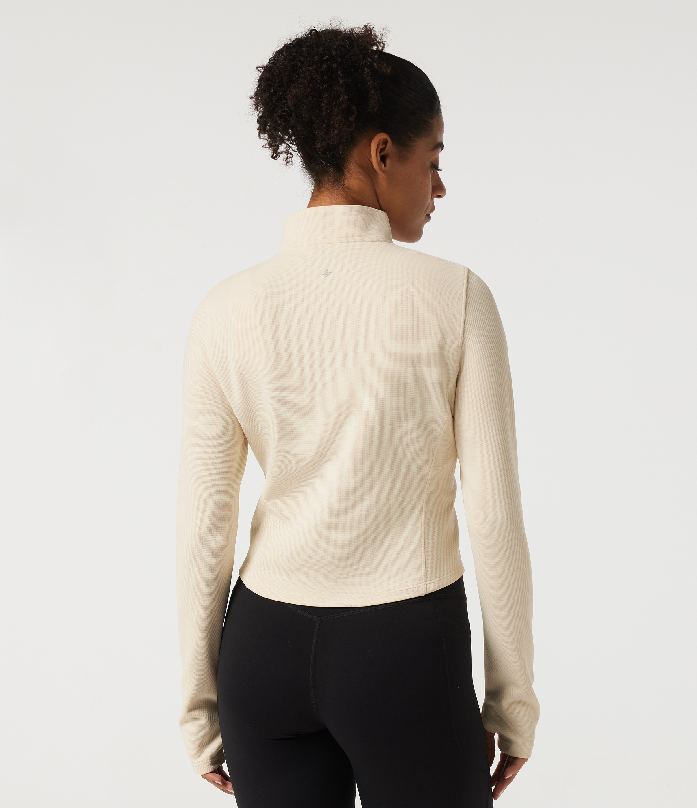 White Swan Stand Collar Long Sleeve Curved Hem Waffle Casual Jacket with Thumb Holes / 2