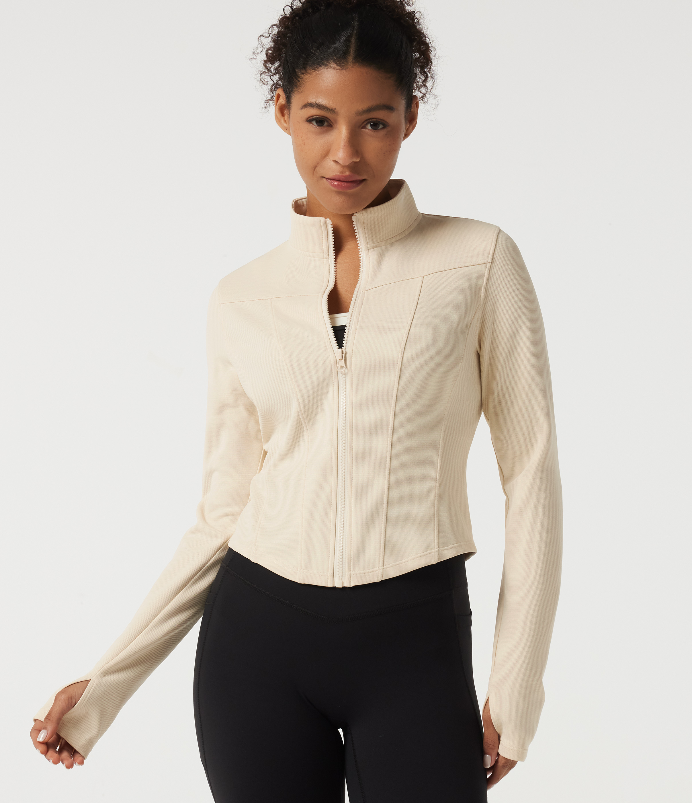 Stand Collar Long Sleeve Curved Hem Waffle Casual Jacket with Thumb Holes