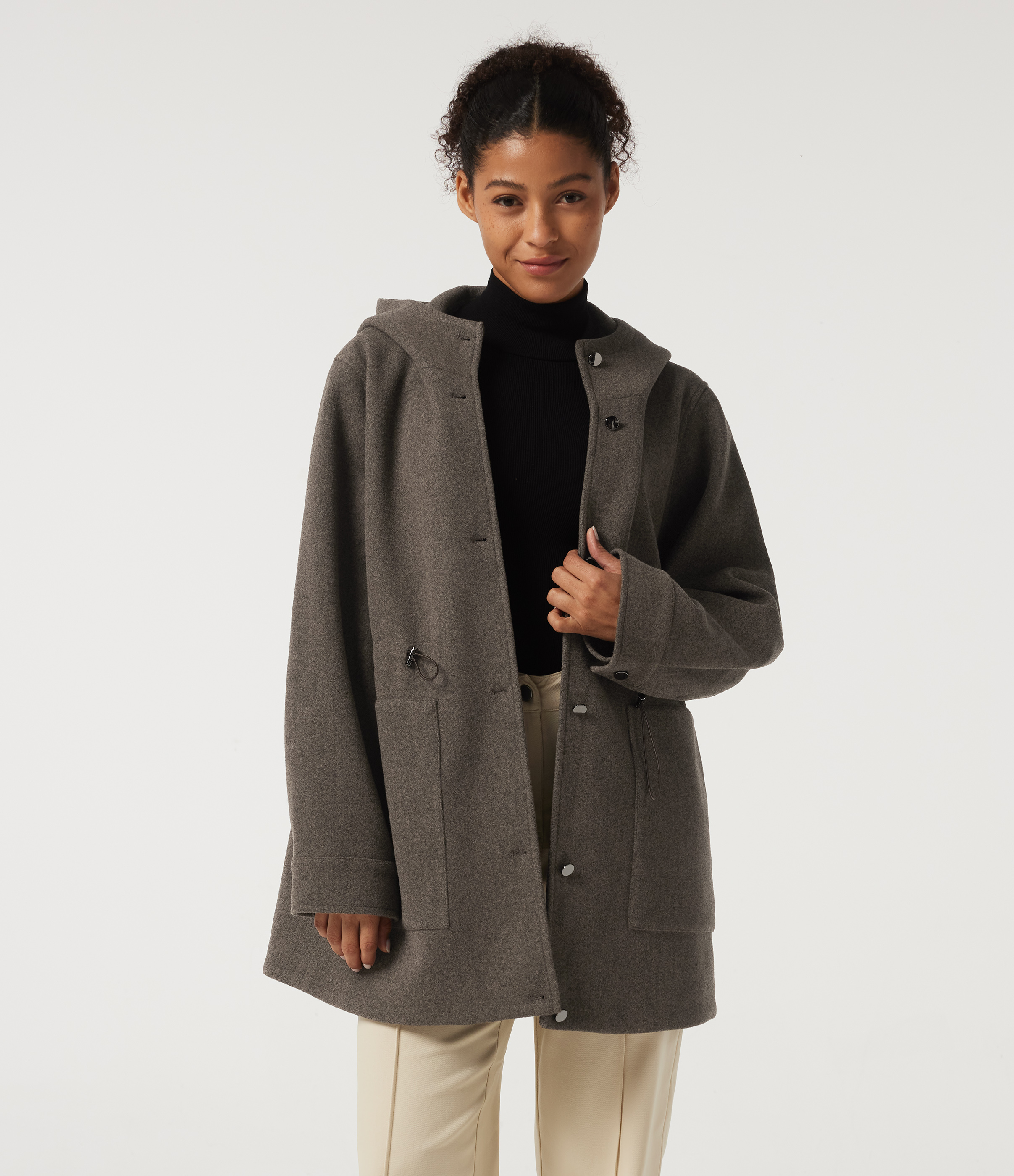 Major Brown Hooded Long Sleeve Drawstring Fleece Longline Work Coat with Pockets / 1