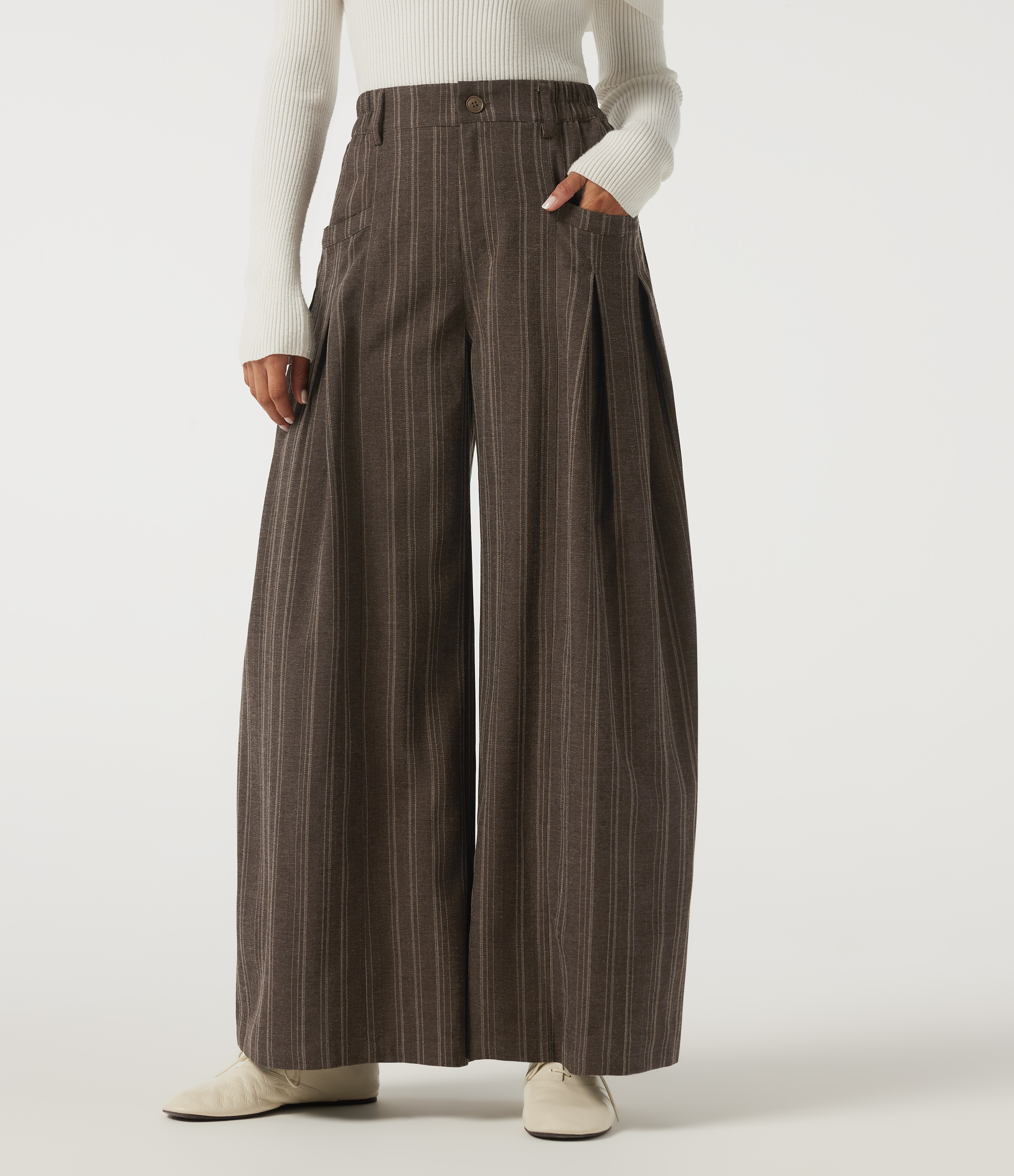 High Waisted Straight Leg Stripe Work Pants with Pockets