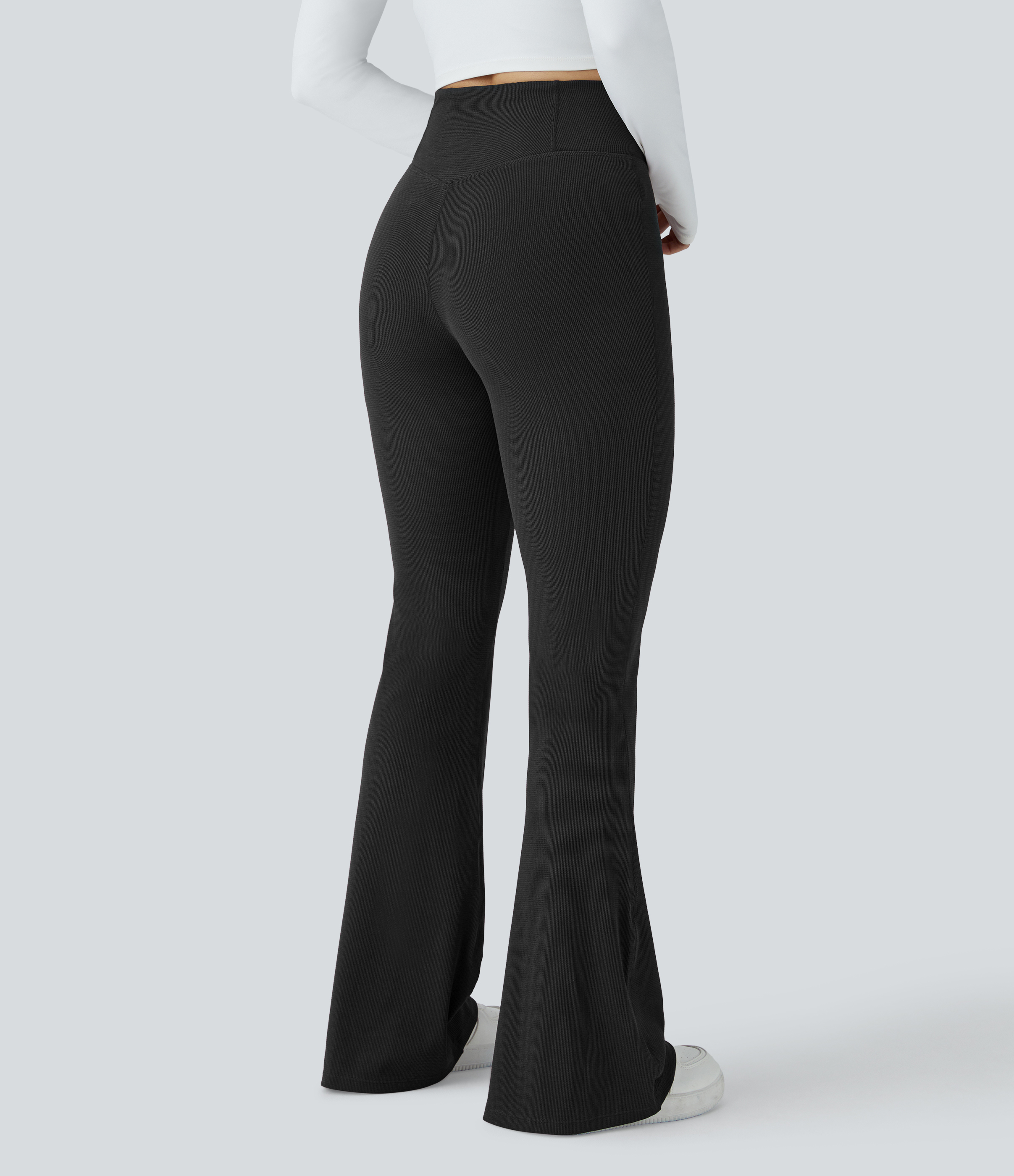 Black Crossover High Waisted Pocket Waffle Casual Flare Pants / 2